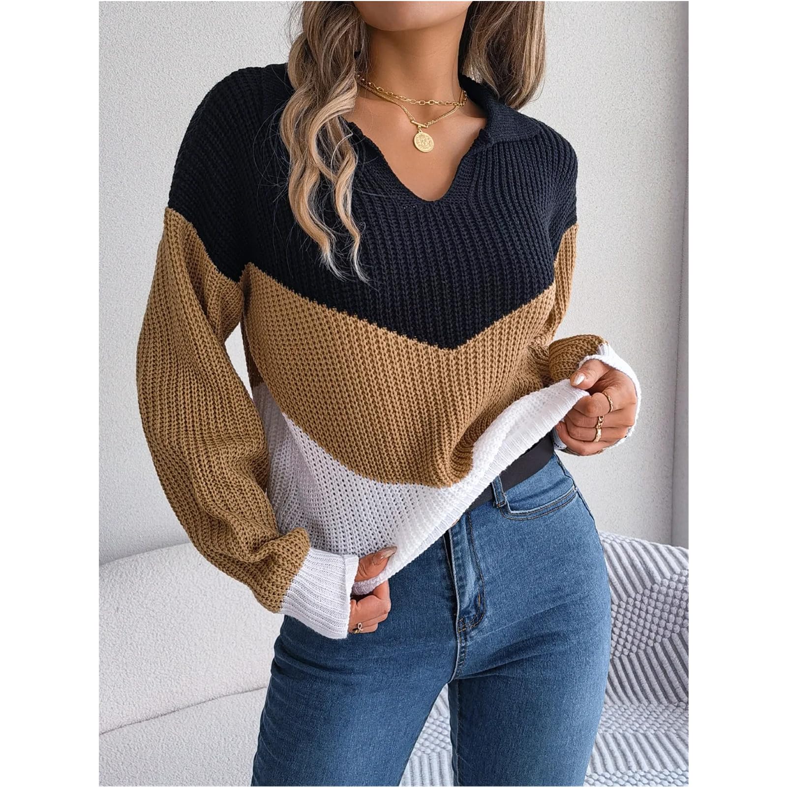 Sweter dla kobiet Jesień Zima Temperament Casual Kołnierz Kontrastowy Luźny Rękaw Elegancki Dzianinowy Sweter Street Damski Sweter