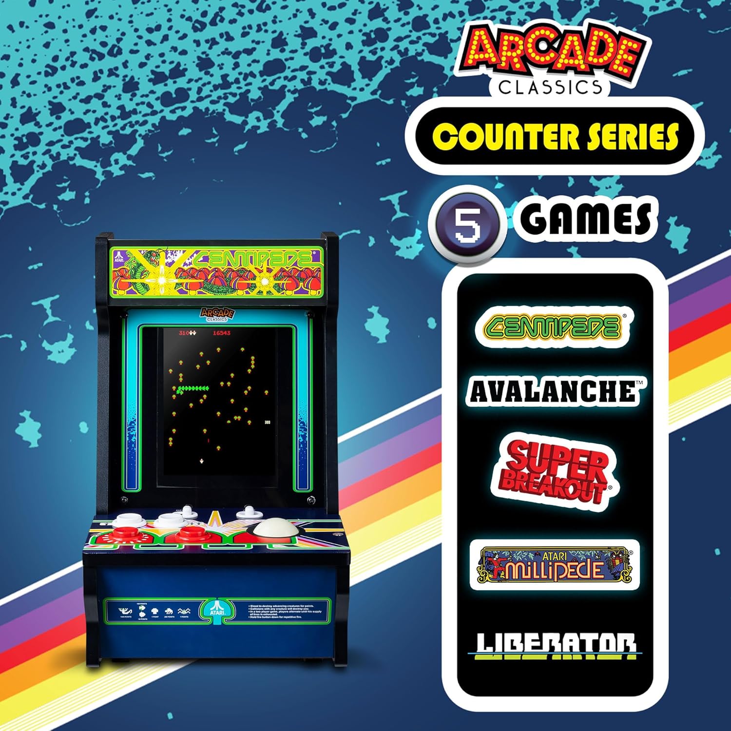 Arcade Classics - Atari Centipede Counter Series Game Machine, 5 Games, 8" Liquid Crystal Screen - Mini Cabinet, Portable Gaming, Retro, Countertop Console, Basement Decoration, Man Cave
