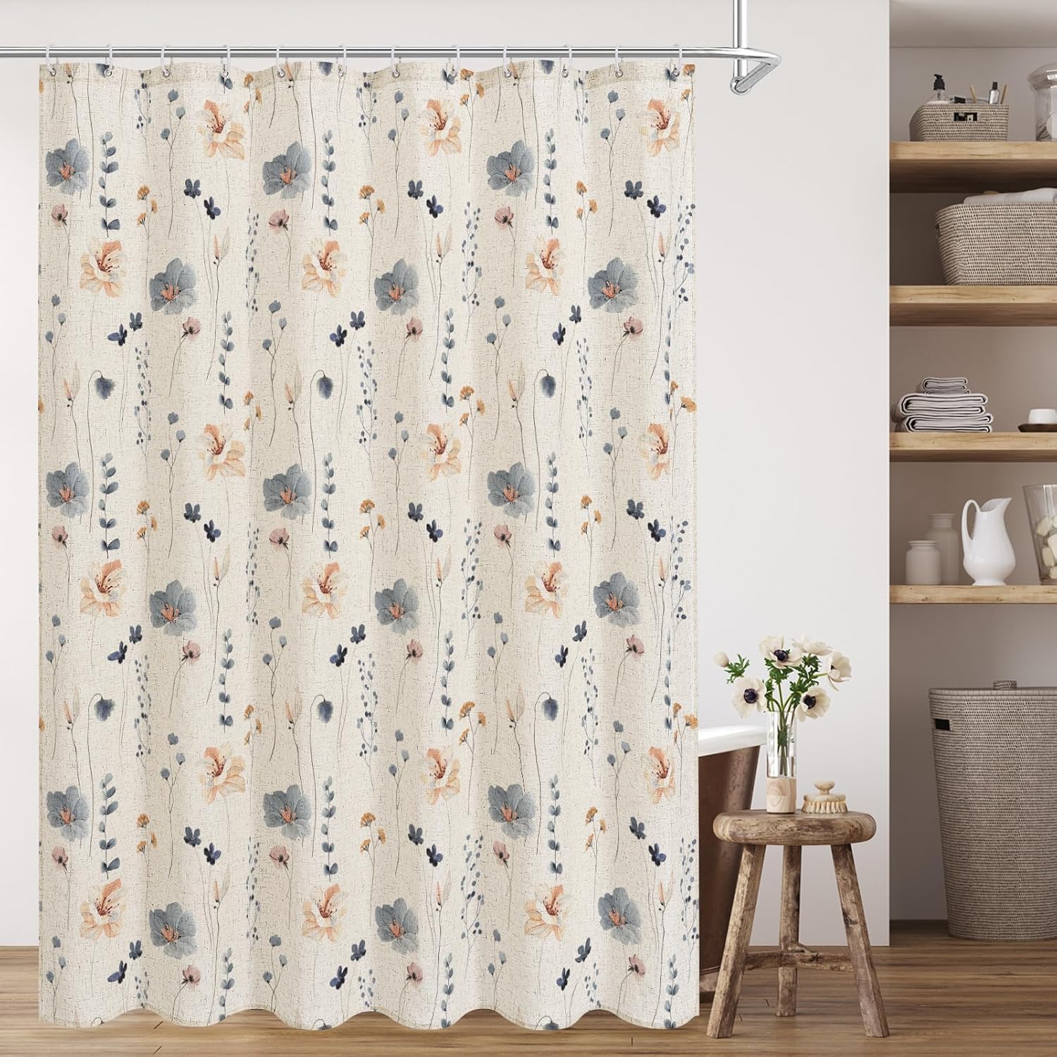 gibelle small stall shower curtain 36 x 72, narrow half linen floral fabric shower curtain, blue beige flower decorative bathroom shower curtain set blue linen 36"w x 72"l (pack of 1)