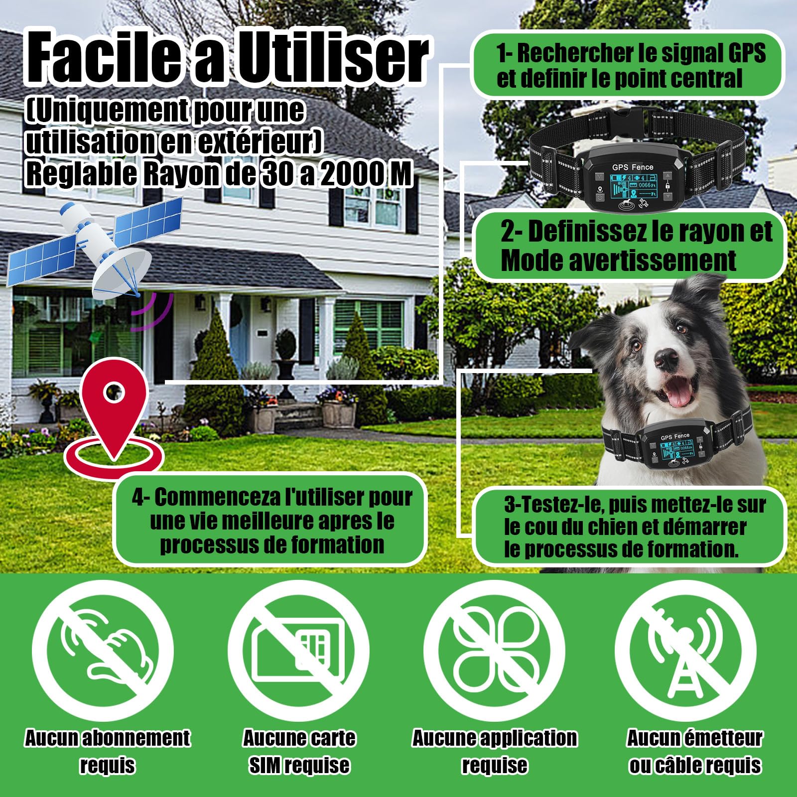 Billg Collier de Dressage pour Chien, Résistant à L’Eau Collier de Dressage sans Fil GPS, 3 Modes Clôture Anti-Fugue pour Grands Espaces Ouverts, Portée de 30 à 2000m, 9 Niveaux de Sensibilité