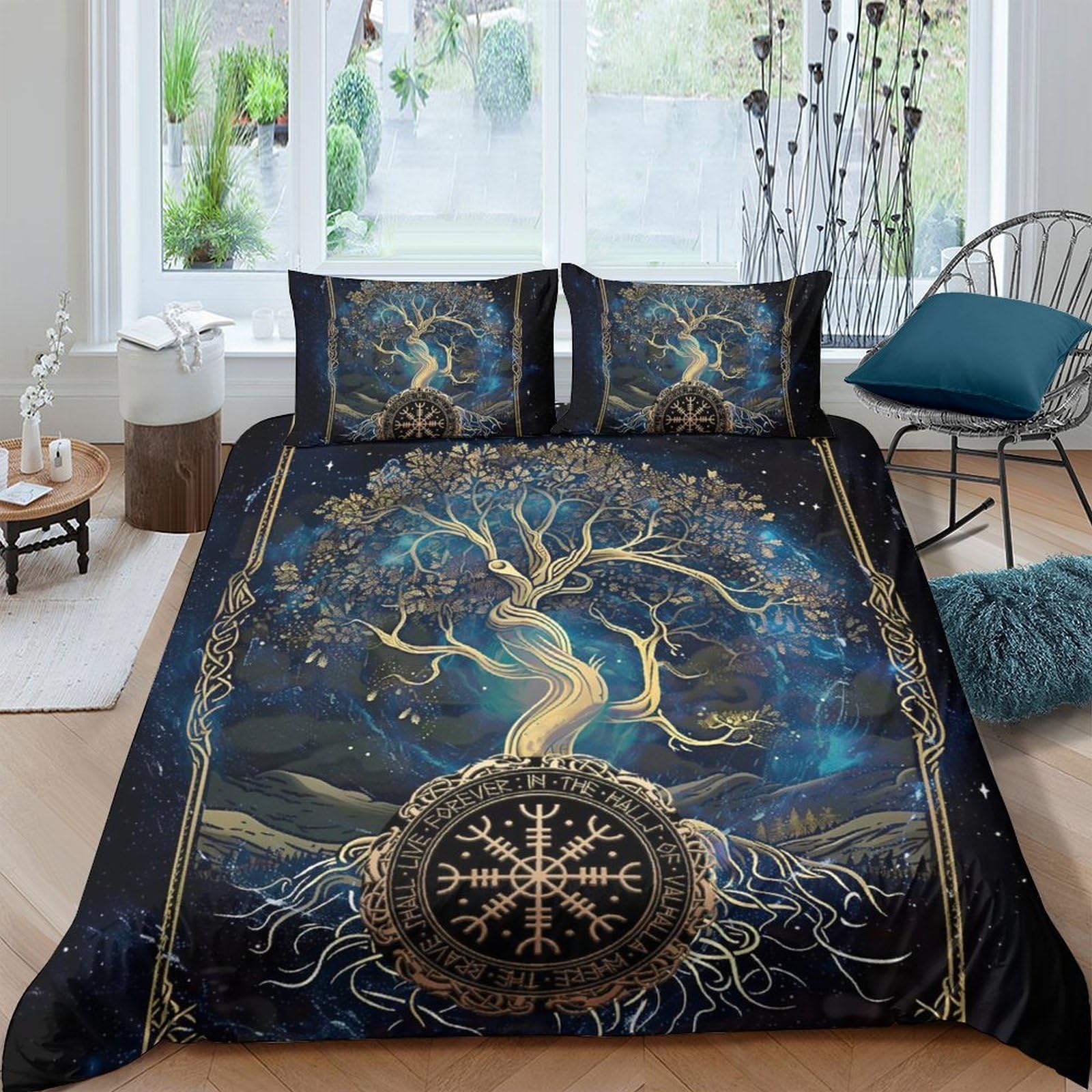 Ctjqhvkz Style-9 3D Printed Nordic Tree Of Life Fitted Sheet Microfiber Navy Blue Gold Bed Cover Anti-Slip Machine Washable For Bedroom Home Decor Single（135X200cm）