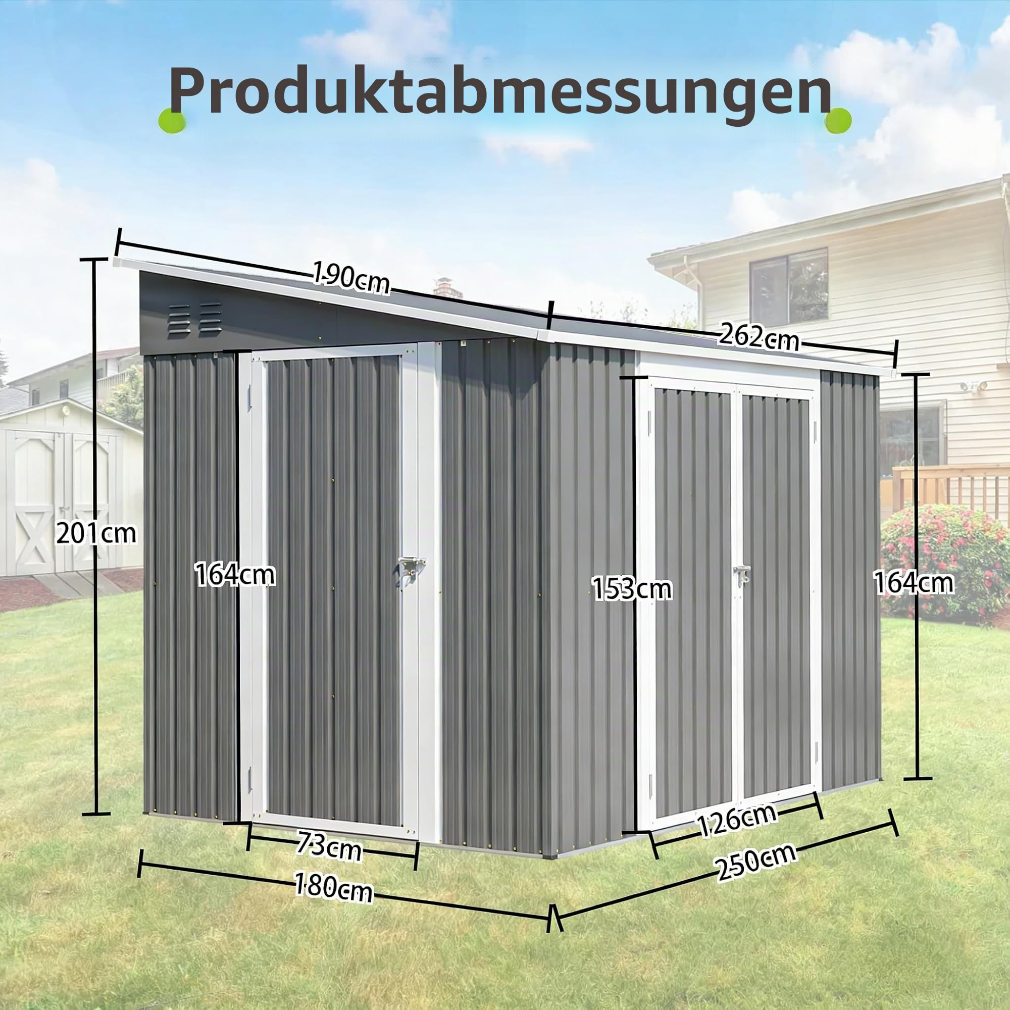 Metall-Geräteschuppen 1,8x2,4m mit Boden, Doppeltür, wasserfest, Garten