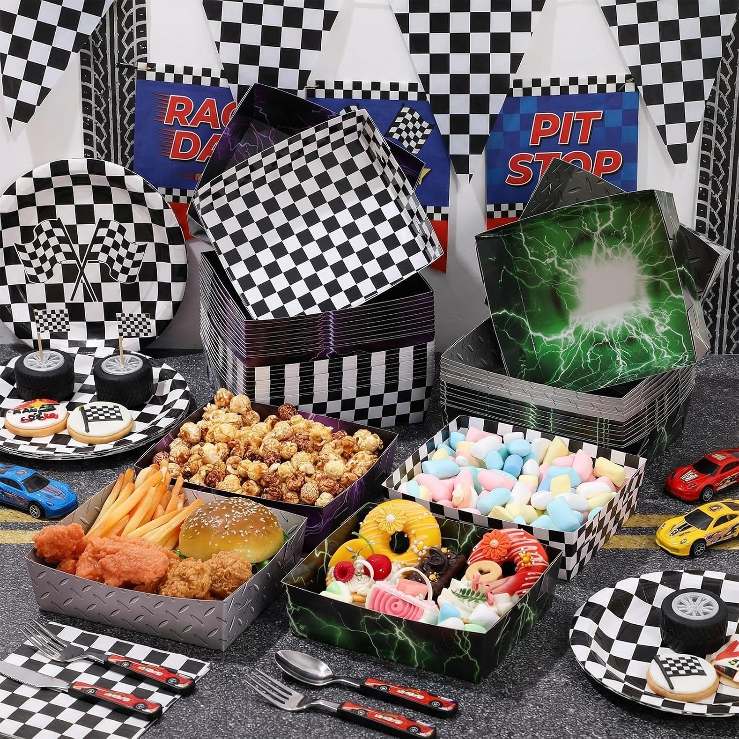 Mifoci 48 Pcs Monster Truck Party Paper Food Trays 5 lb Truck Birthday Decorations Large Disposable Paper Food Boats for Birthday Party, Baby Shower, Race Car Theme Decoration Supplies(Cool) image 2
