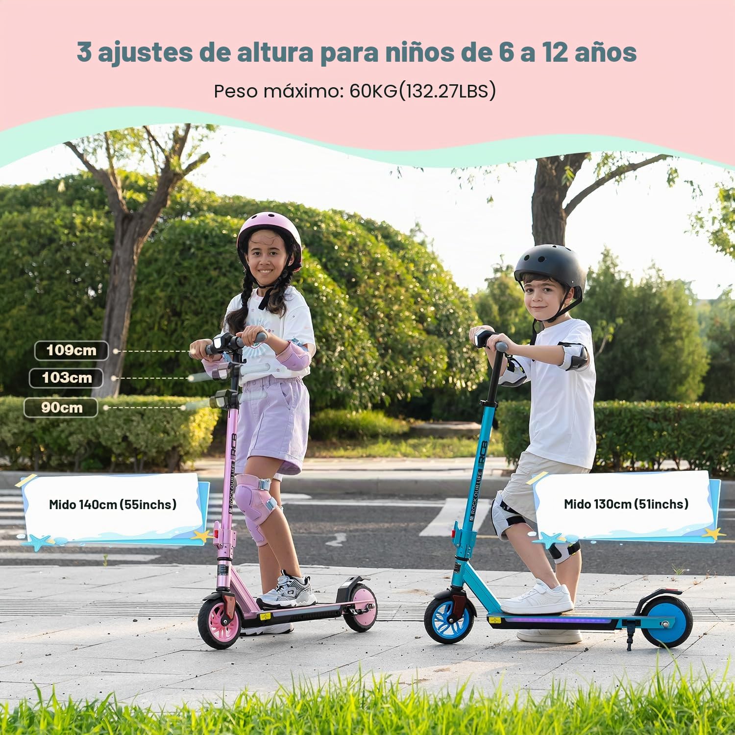 RCB R12 Pro Patinete Eléctrico Niños para 6-12 años, hasta 18km/h y 15km, 3-Altura Ajustable, 7" Plegable Patinete Eléctrico,Luces de Arco Iris,Pantalla LED, Regalos para Niños