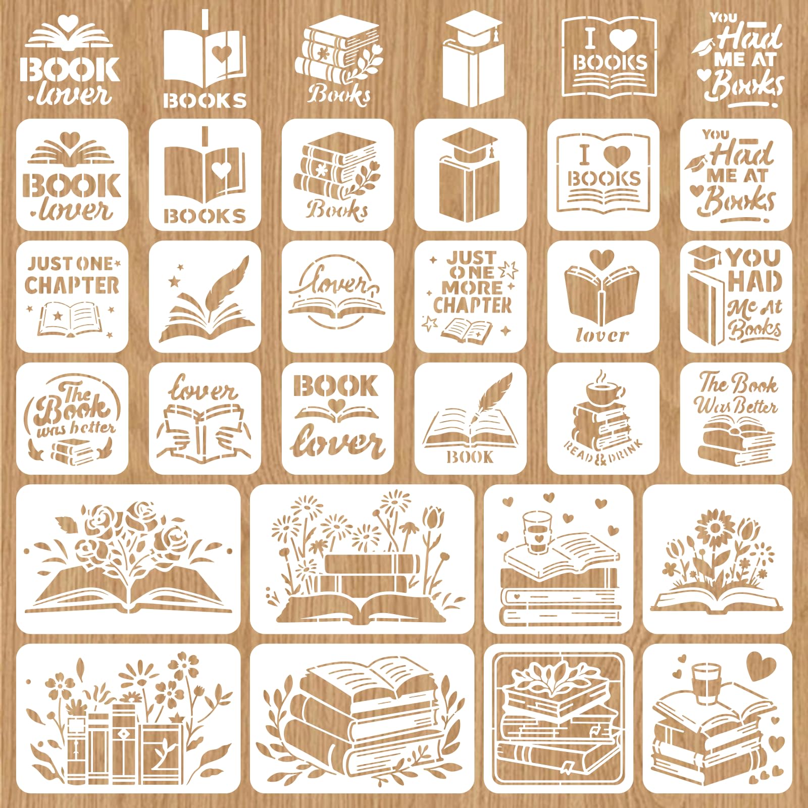 INFUNLY 26Pcs Books Wall Stencil for Painting 7.87×7.87" Reusable Book Floral Wall Stencils 5.9×5.9" Art Stencil 11.8×7.87" Reading Walls Template for Card Making Cement Wood Furniture Nursery Bedroom — image 1