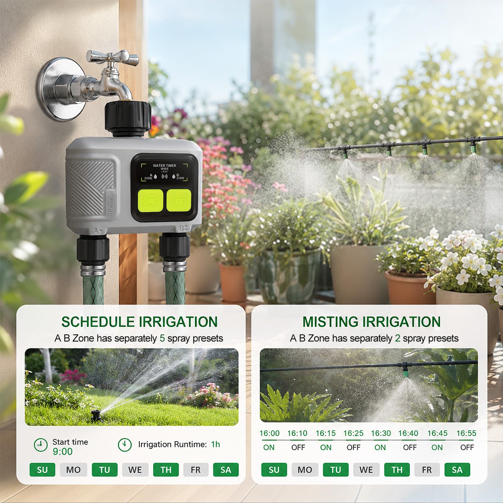 2 Voies Programmateur Arrosage WiFi Passerelle RF 300 Mètres, Minuteur Arrosage Automatique Permet Un Contrôle à Distance Via Application, Commande Vocale et le Mode Manuel, Fonction de retard pluie