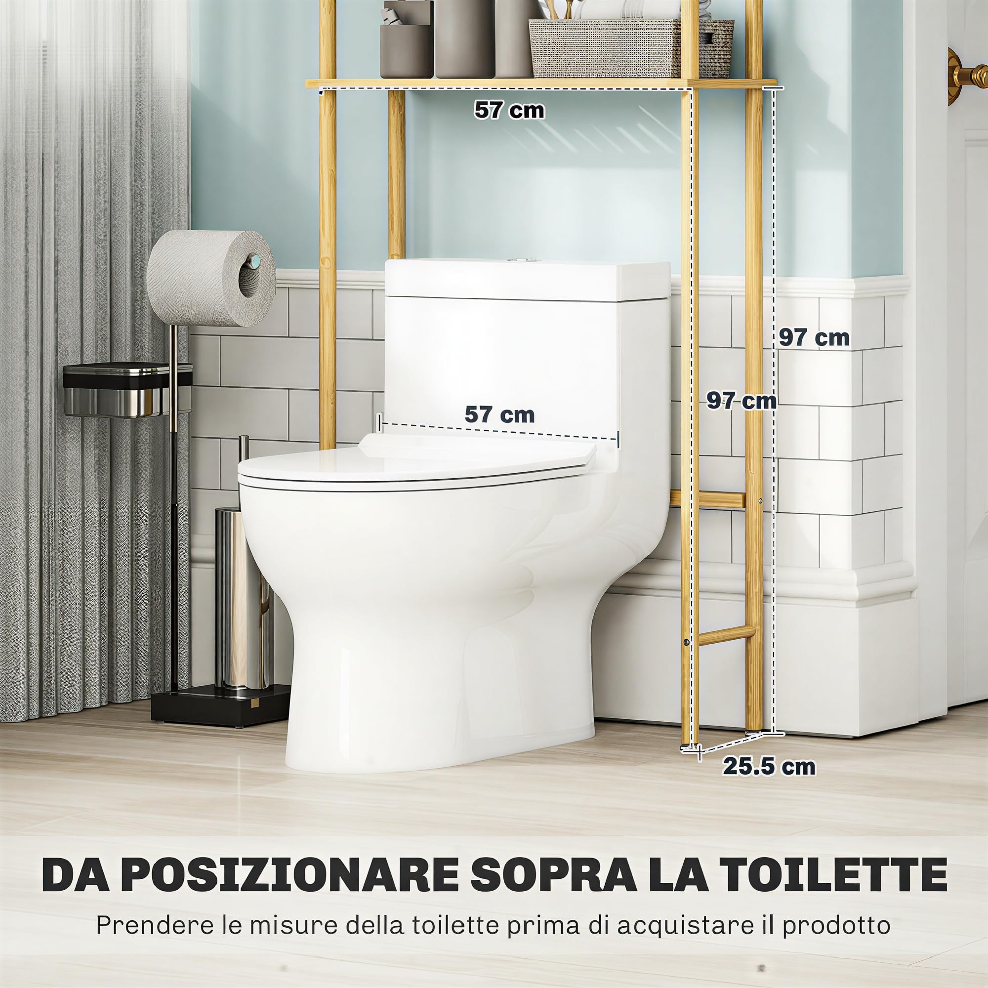 HOMCOM Scaffale da Bagno Sopra WC a 3 Ripiani, Mensola Portaoggetti Salvaspazio in Bambù, Mobile Sopra Lavatrice per Lavanderia con Piedini Regolabili, Colore Naturale