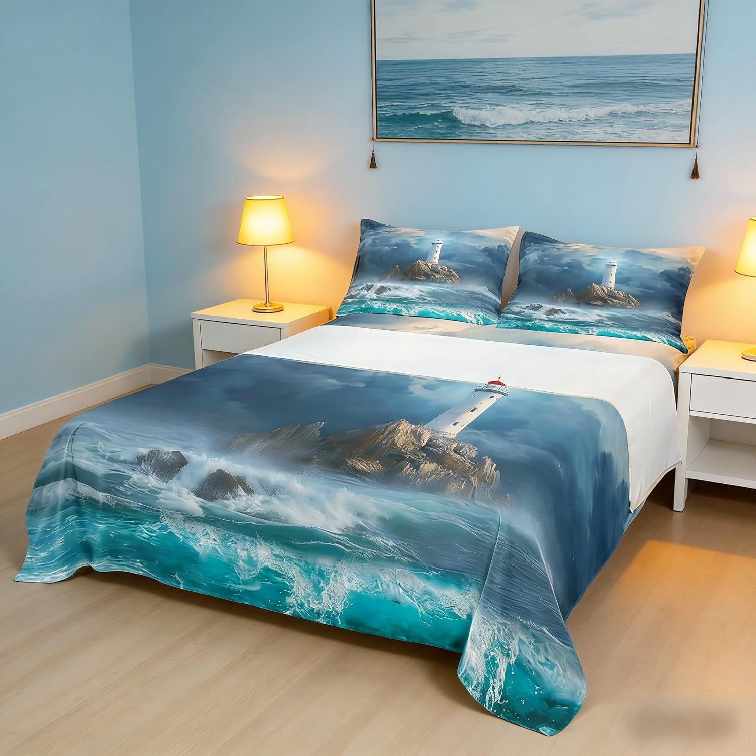 Manfei Tsunami Kids Sheet Queen Size,Sea Waves Ocean Bedding Set,Girls Boys Adults Room Decor,Lighthouse Nautical Adventure Sea Blue Bed Sheet Set 4pcs(Fitted + Flat + 2 Pillowcases)