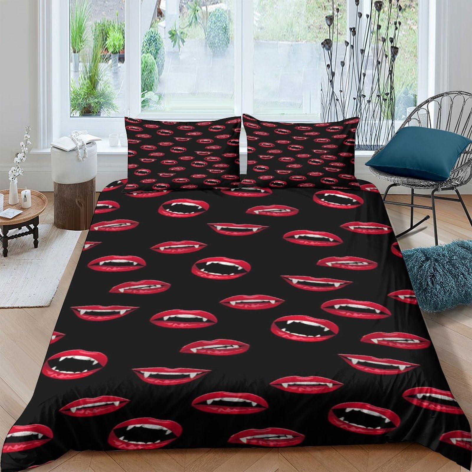 Ctjqhvkz Style-10 3D Printed Vampire Lips Fitted Sheet Microfiber Soft Black Red Bite Mattress Cover For Bedroom Guest Room Decor Single（135X200cm）