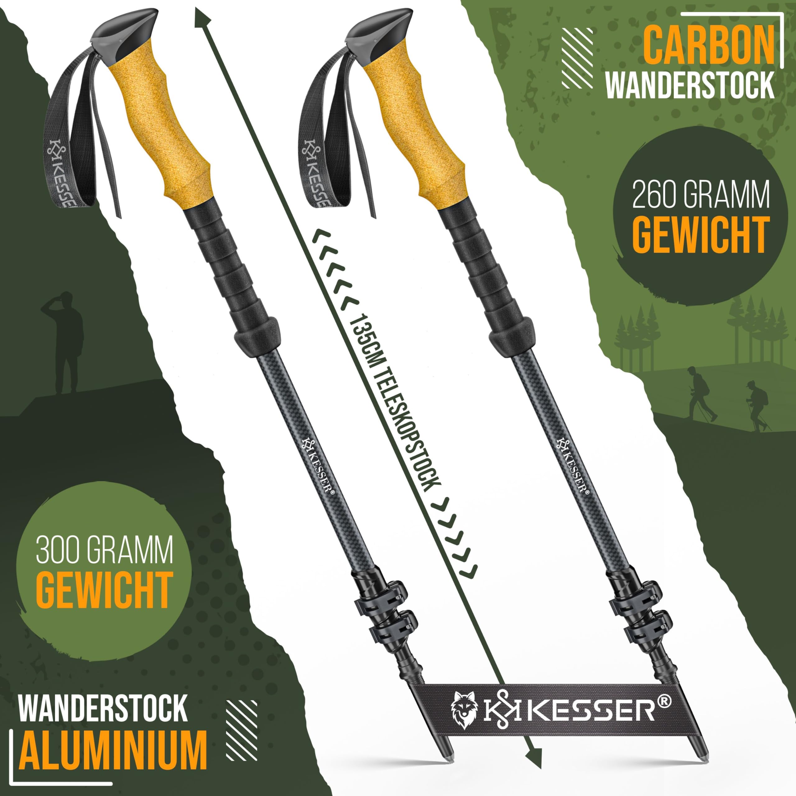 KESSER Bastoncini da trekking in alluminio o carbonio con manico in sughero | Bastoncini da nordic per uomo e donna pieghevoli o telescopici per escursionismo, trekking, sci e sport