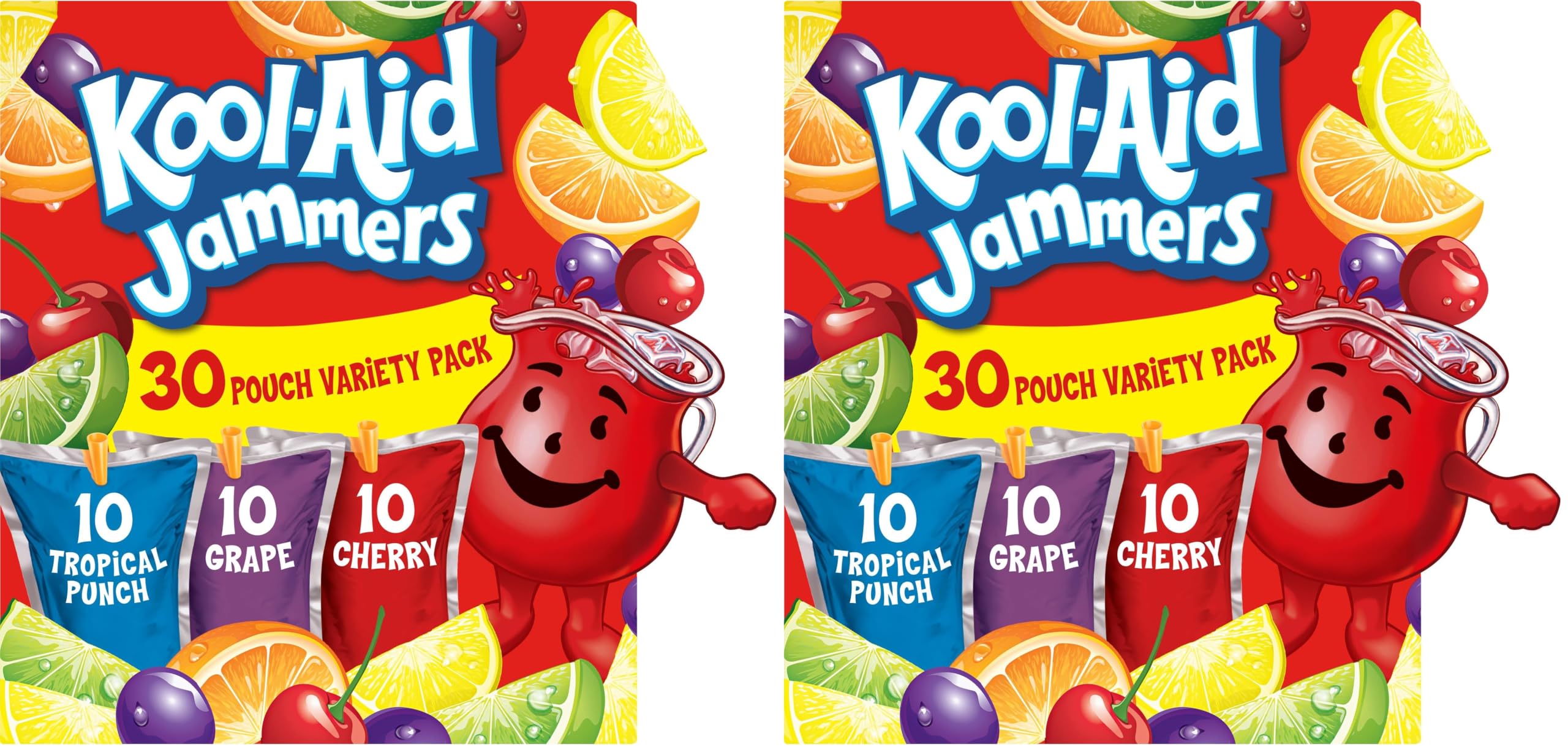 Jammers Tropical Punch, Grape & Cherry Flavored 0% Juice Drink Variety Pack, 30 ct Box, 6 fl oz Pouches (Pack of 2)