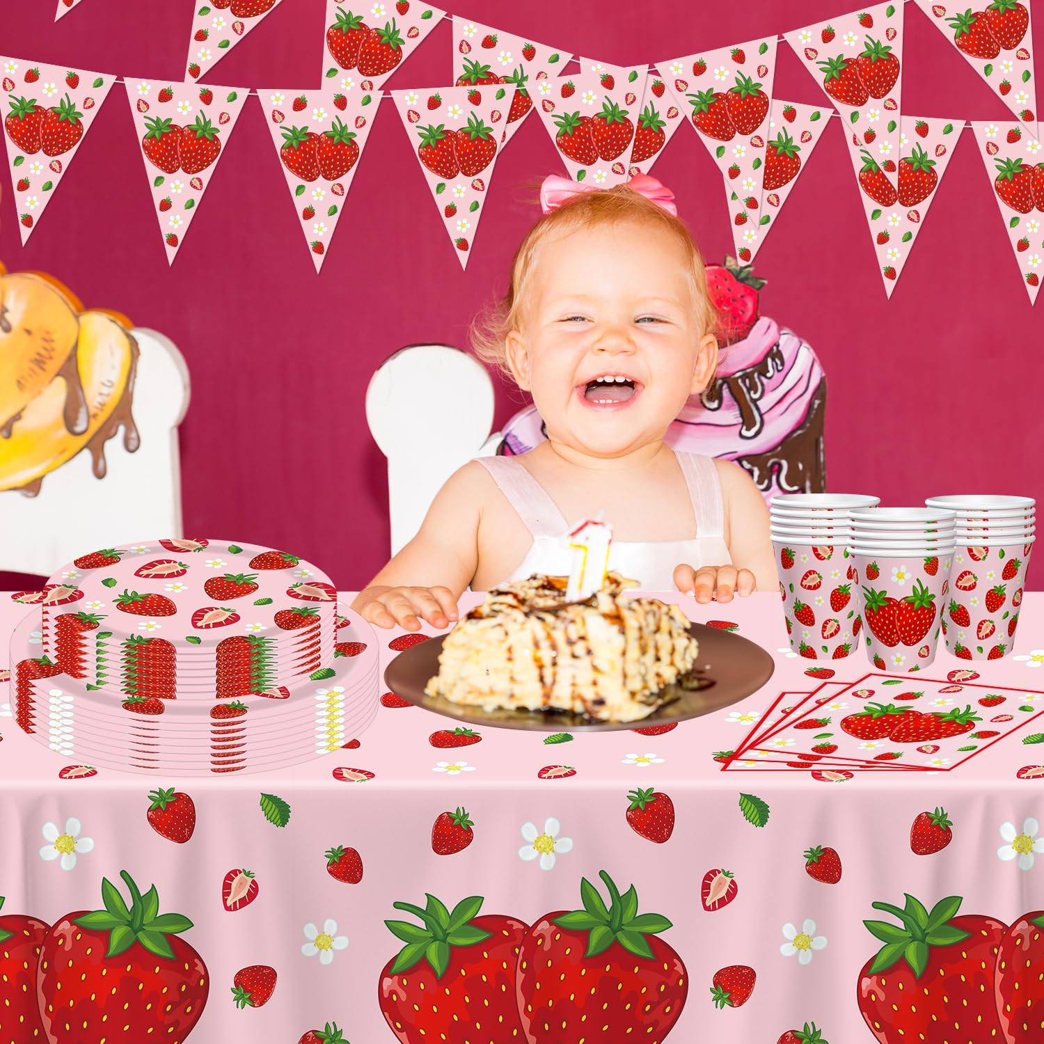 83PCS Strawberry Theme Party Supplies Strawberry Birthday Party Tableware Set Berry Sweet Birthday Decorations Sweet Fruit Theme Party Supply for 1st Baby Shower Serves 20 Guests - Image 4