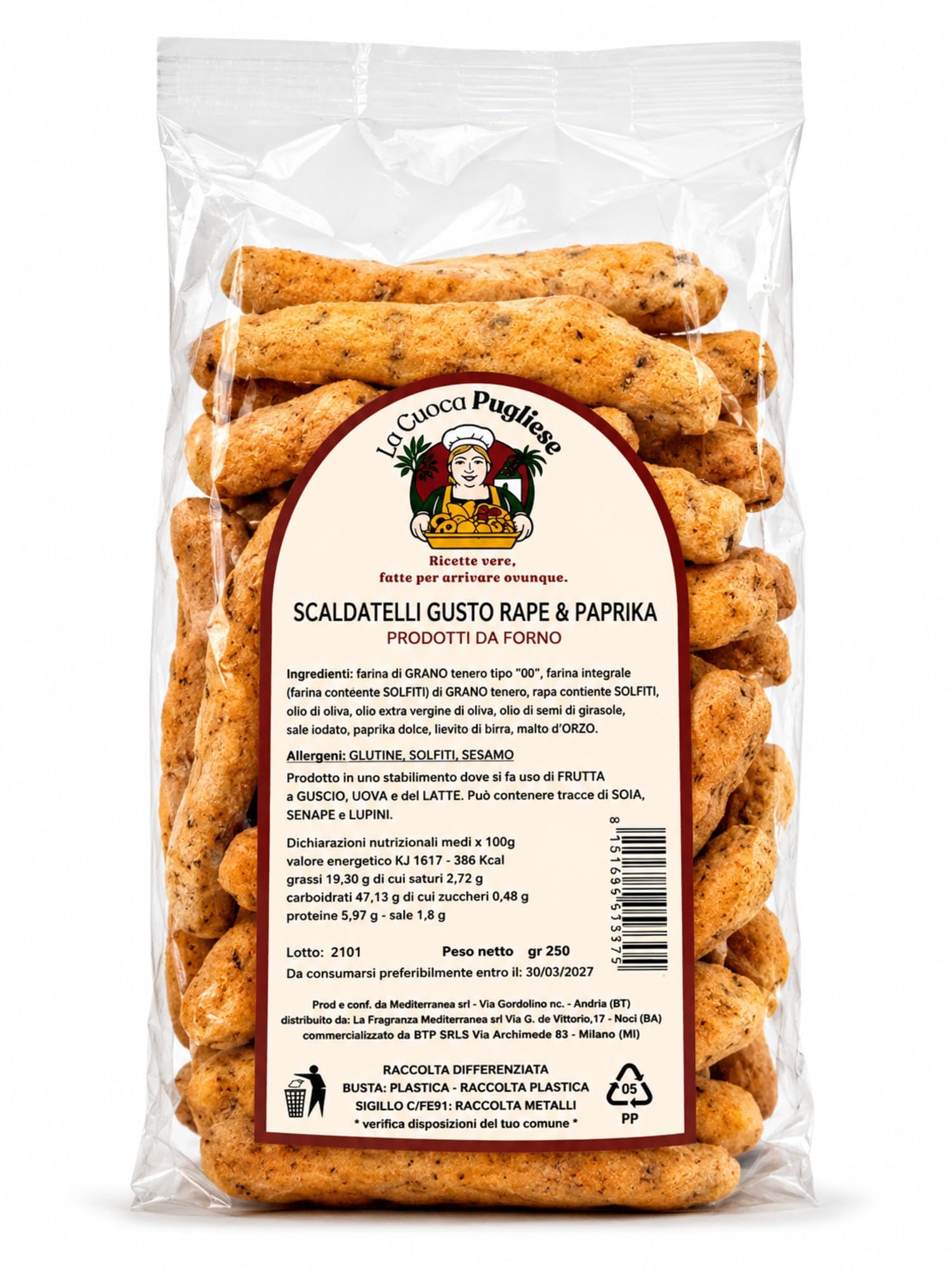 La Cuoca Pugliese - Scaldatelli Rape e Paprika, snack salato artigianale pugliese, prodotti da forno croccanti con farina integrale e spezie, 10 confezioni da 250 g