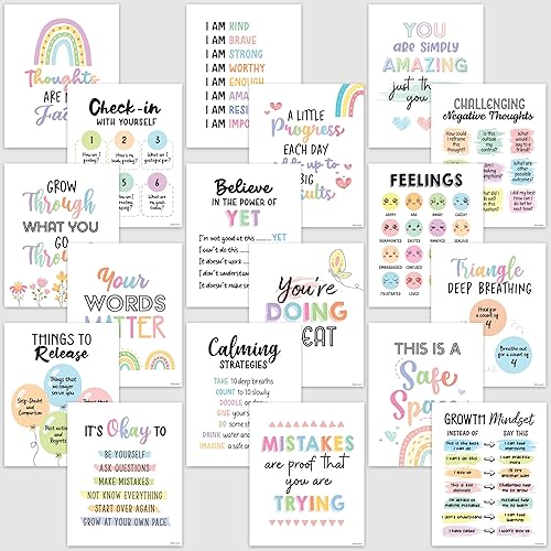 Decorably 18 pósteres de concienciación sobre la salud mental para niños, 8 x 10 pulgadas, laminados mate, inspiradores de salud mental para