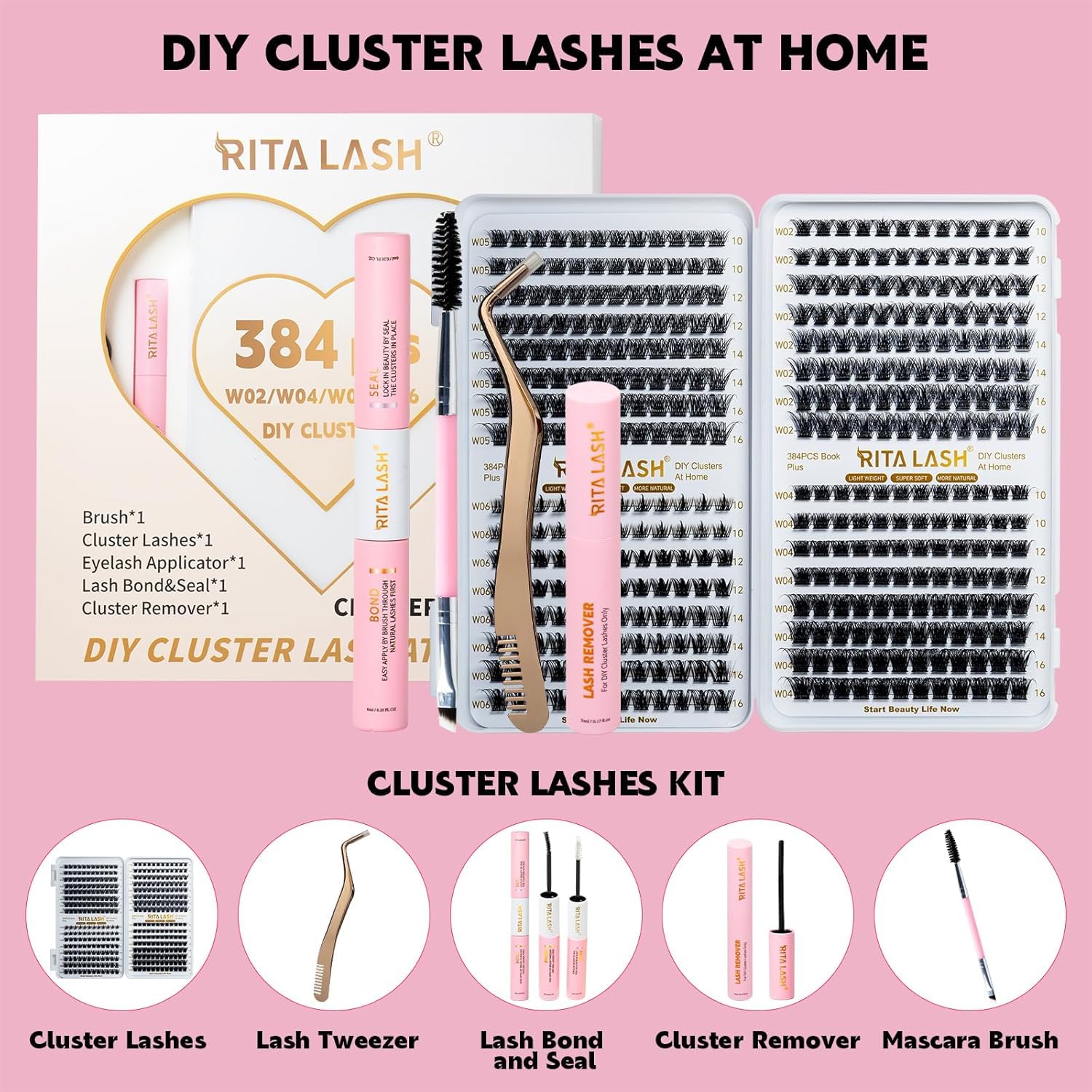 RITALASH Kit di extension per ciglia fai da te, 384 pezzi, kit per extension per ciglia con pennello per mascara, applicatore per rimuovere colla e colla per ciglia (384 pezzi W02+W04+W05+W06)