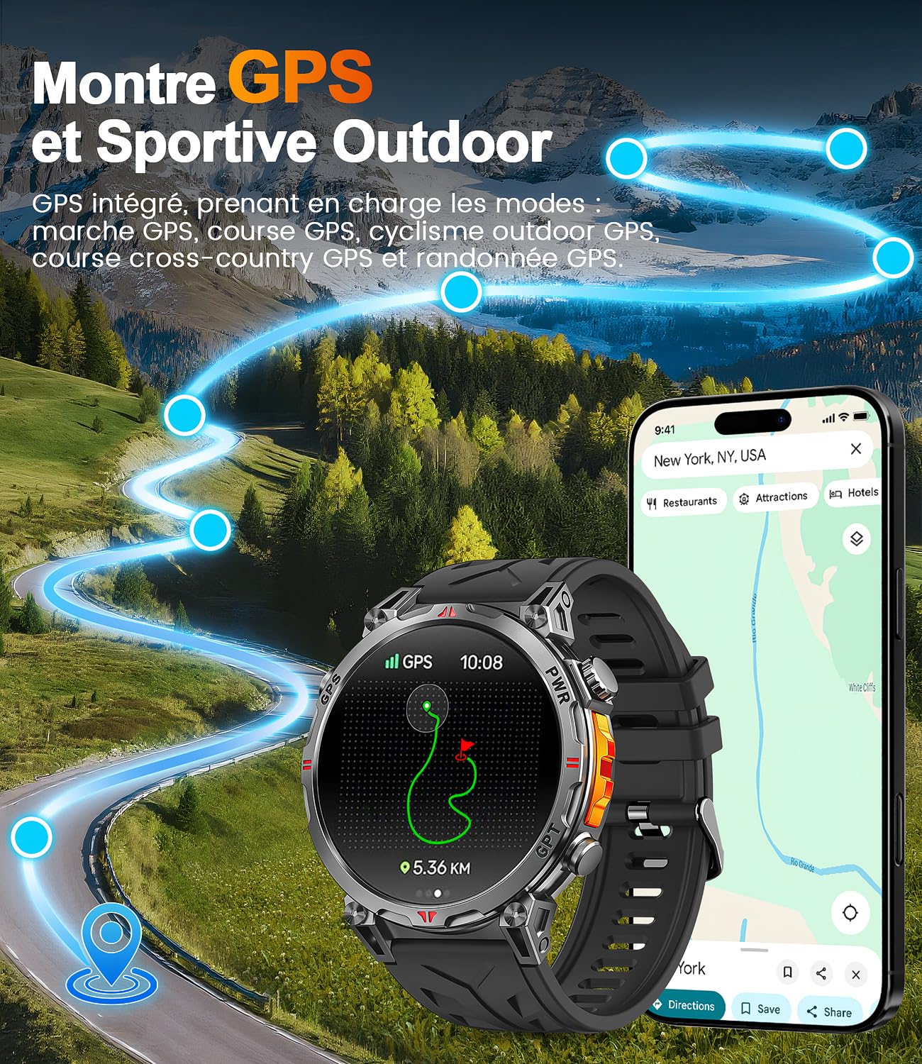 Montre Connectée Homme GPS intégré, AMOLED Appel Bluetooth, Montre Connectée pour Android et iPhone, 100+ Modes Sportifs, 3ATM étanche Montre Sport Homme avec Boussole (1.6)