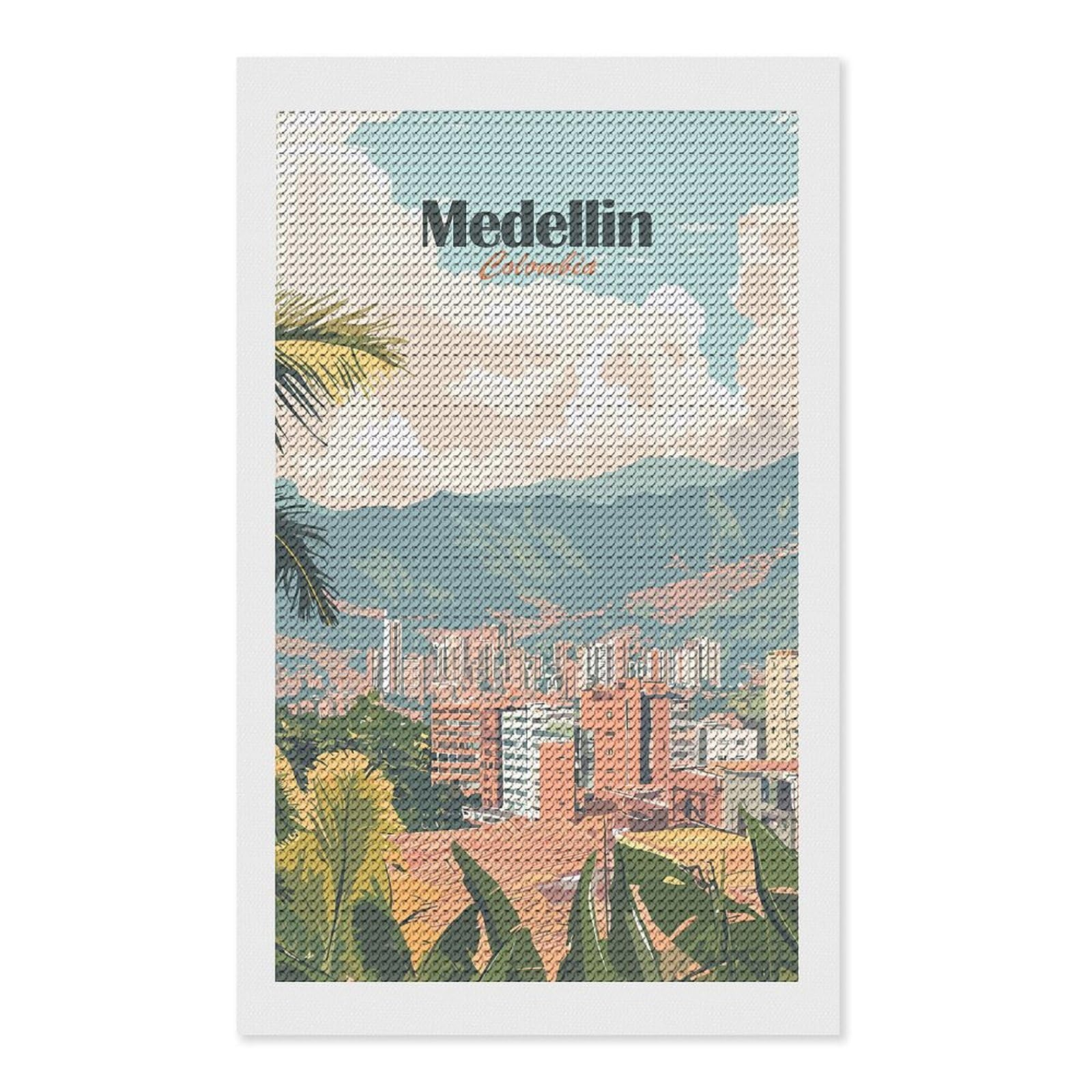 Junmoney Medellin Colombia Cityscape Travel Diamond Painting Set 12"x20", Holiday Gift Idea, for Creative Relaxation, Fun Craft Experience, Vintage Style Decor
