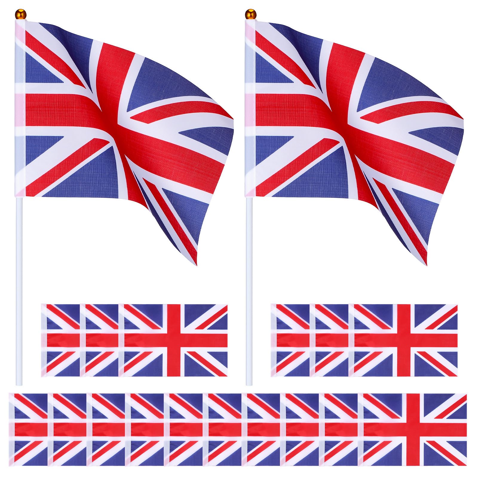 UKCOCO 50-Pack Union Jack Hand Waving Flags 8.3"x5.5" on 12" Sticks – Polyester & Satin Mini British Flags for Festivals, Sports Events & Street Parties, Patriotic Decor for Adults & Kids