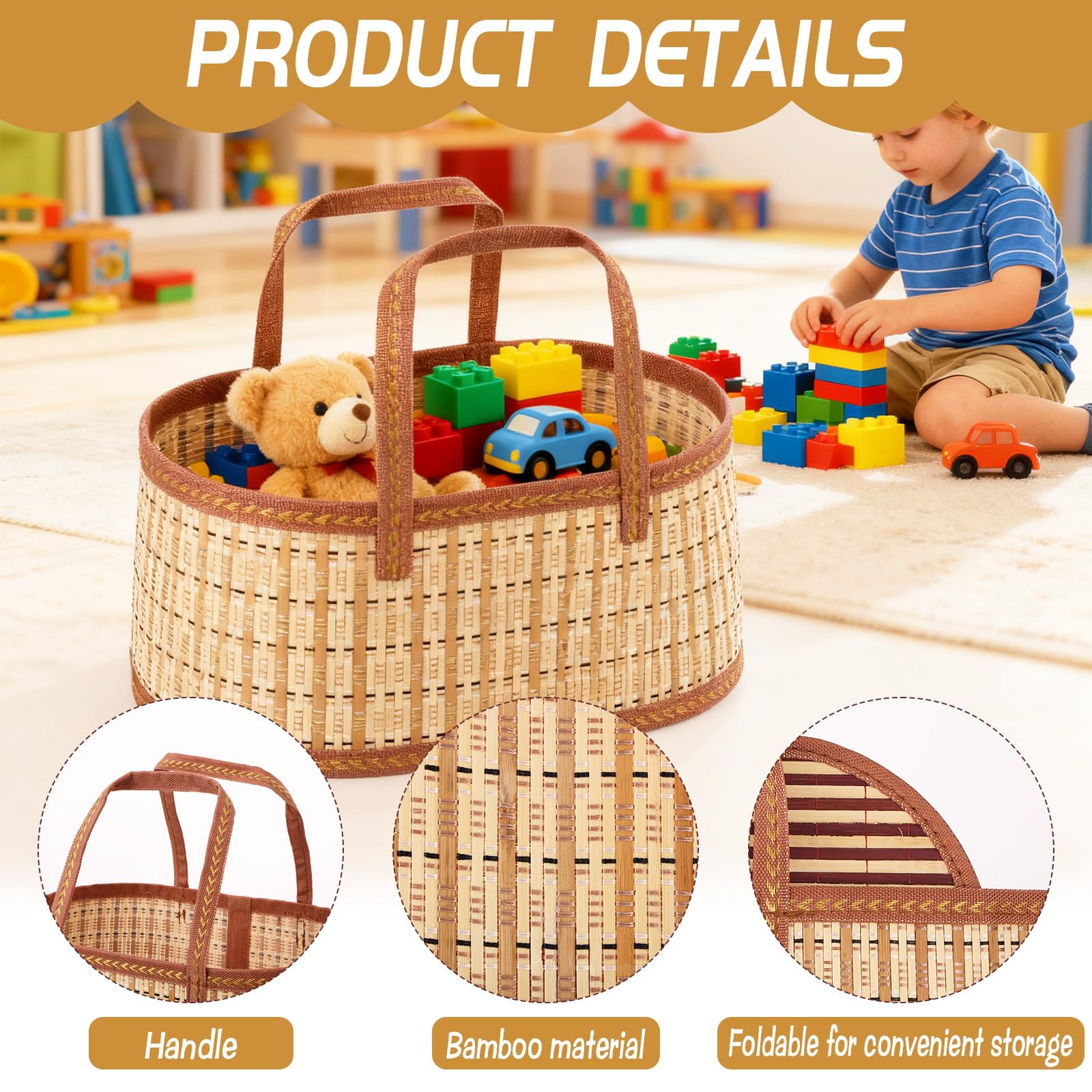 Juego de 4 cestas vacías para regalos, cesta grande de bambú vacía con asas, cesta de regalo tejida plegable con bolsa envolvente/tarjeta/lazo, cestas de regalo resistentes para bautizos de bebé