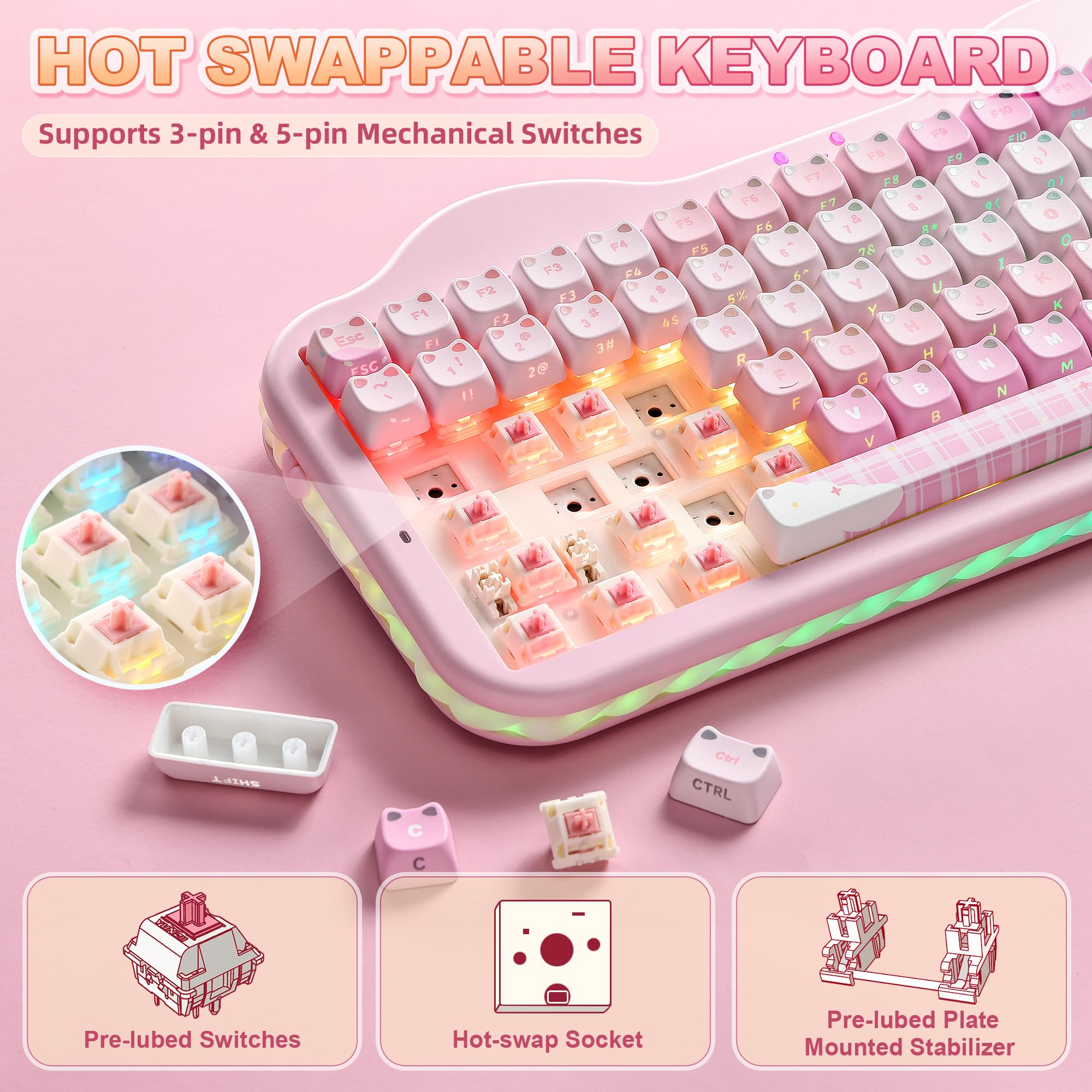 YUNZII C75 Teclado Mecánico Inalámbrico Diseño Pastel (Pink, Candy)