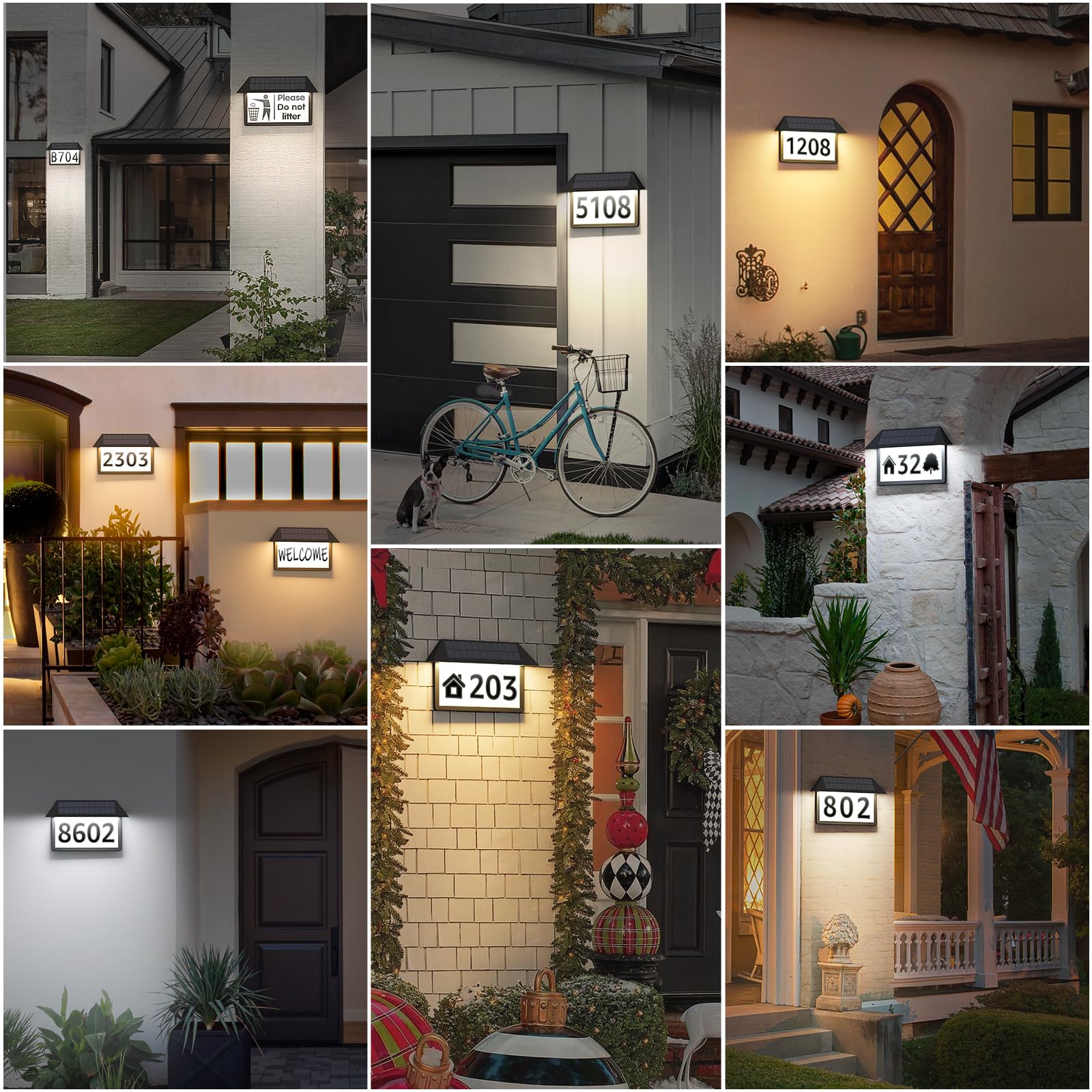 ASOMST Solar-Adressschild, beleuchtete Hausnummern, wasserdicht, 3 Farb-Beleuchtungsmodi, LED-beleuchtetes Adressschild, Wandmontage, Adressnummer, 2 Stück