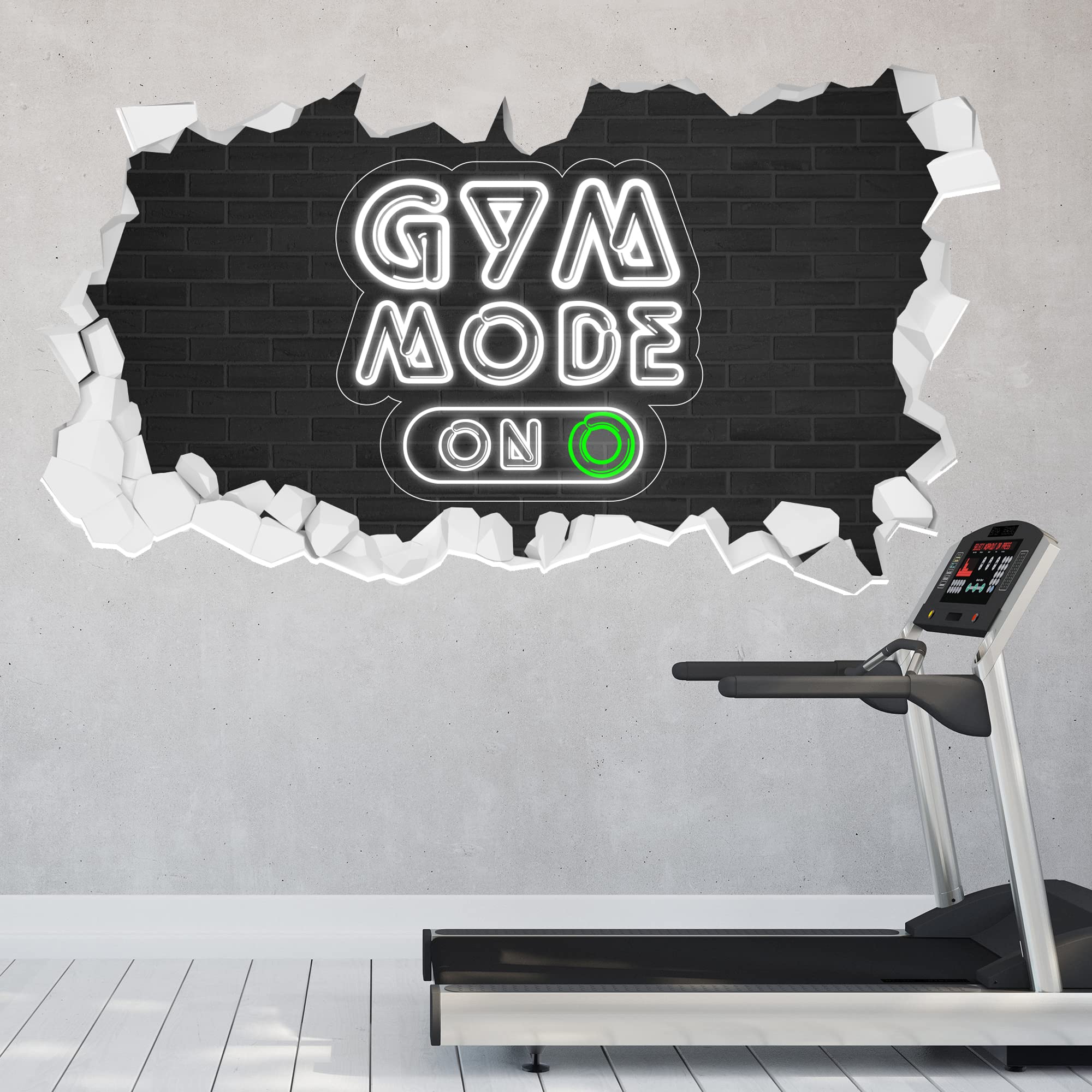 Gym Wall Sticker - Gym Mode On Neon Broken Wall Decal Art (120cm Width x 65cm Height)