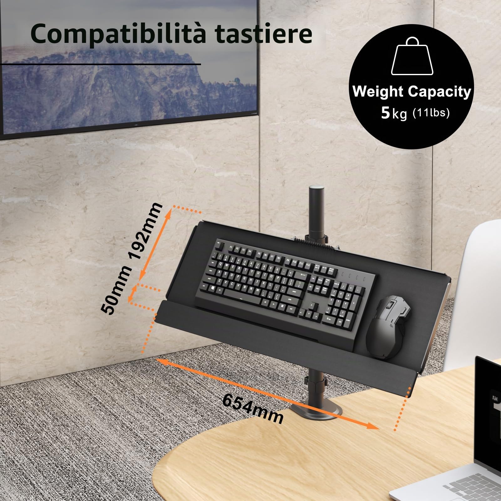 PUTORSEN Supporto per Ripiano Tastiera a Palo - Supporto per Tastiera e Mouse si Adatta alla Maggior Parte delle Tastiere Standard e di Grandi Dimensioni, Inclinazione e Rotazione, Supporta fino a 1