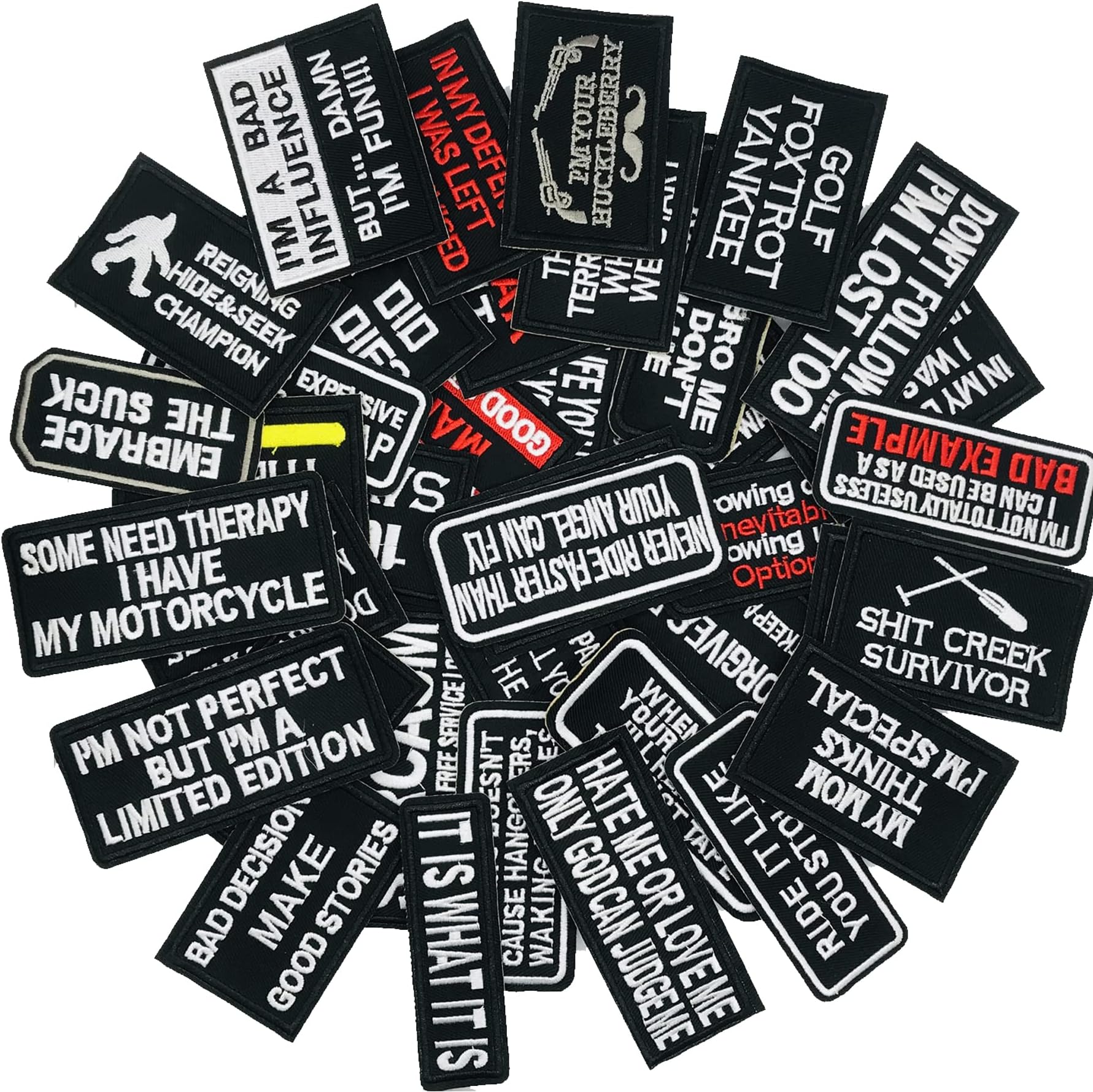 Woohome 40 PCS Iron on Patches, Assorted Slogan Embroidered Patch Sew On Patch for Motorcycle Jackets Different Slogan Letter Patch for Backpacks Jeans Jackets Bag Clothing