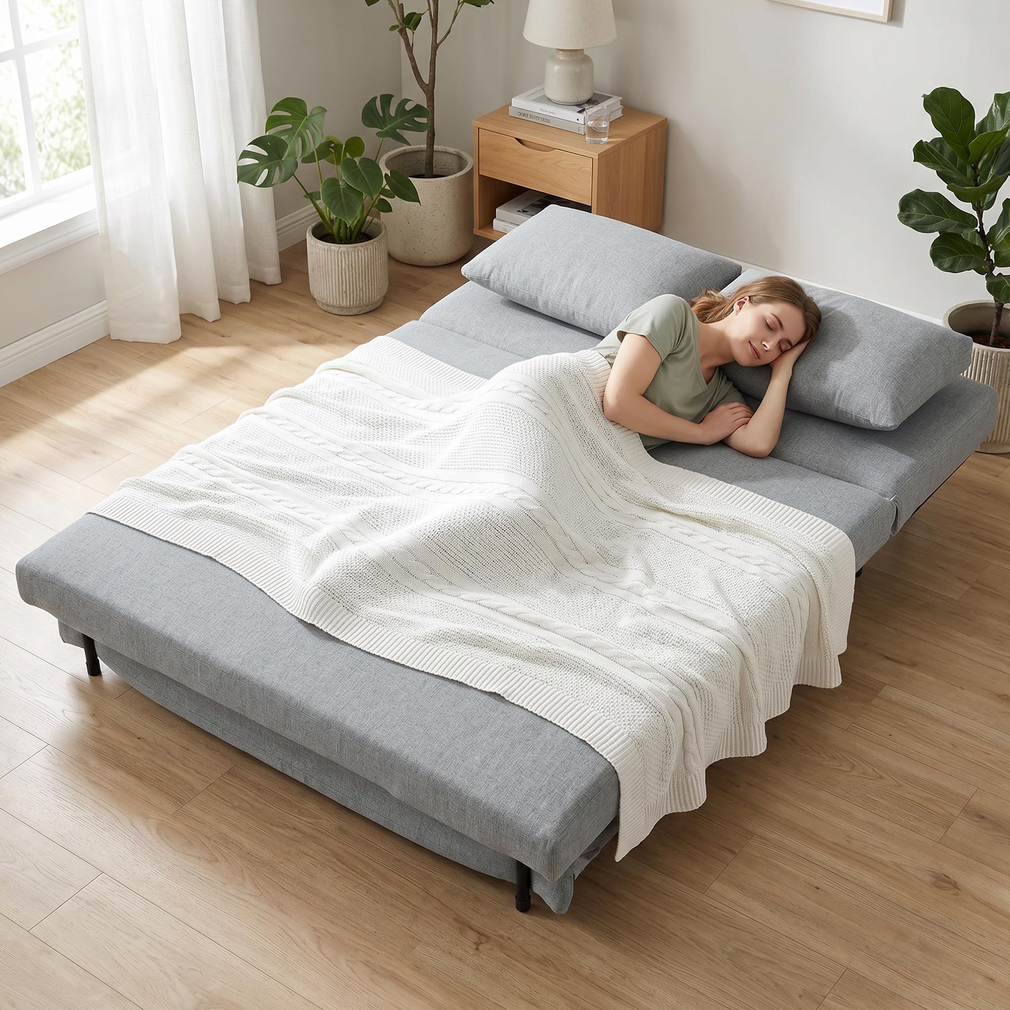HOMCOM Divano Letto 2 Posti 3 in 1 in Tessuto Effetto Lino con 2 Cuscini, Divano Letto Matrimoniale Salvaspazio Reclinabile 3 Livelli, Seduta Imbottita, Struttura Eucalipto, Soggiorno, Grigio Chiaro
