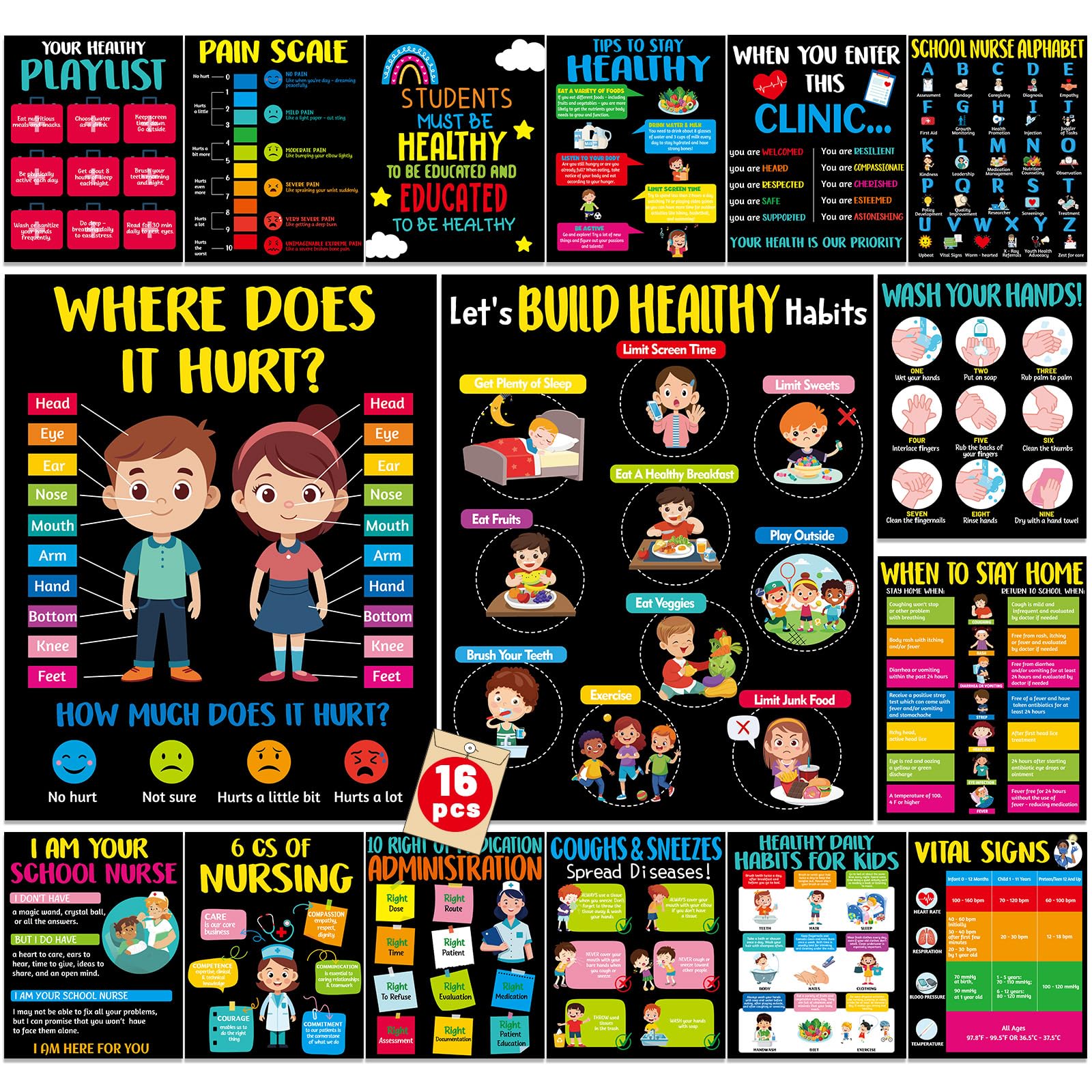 party greeting 16pcs Health Posters for School Nurse Office Bulletin Board Decorations 11x14 Inch Educational Medical Nurse Poster Classroom Decor for