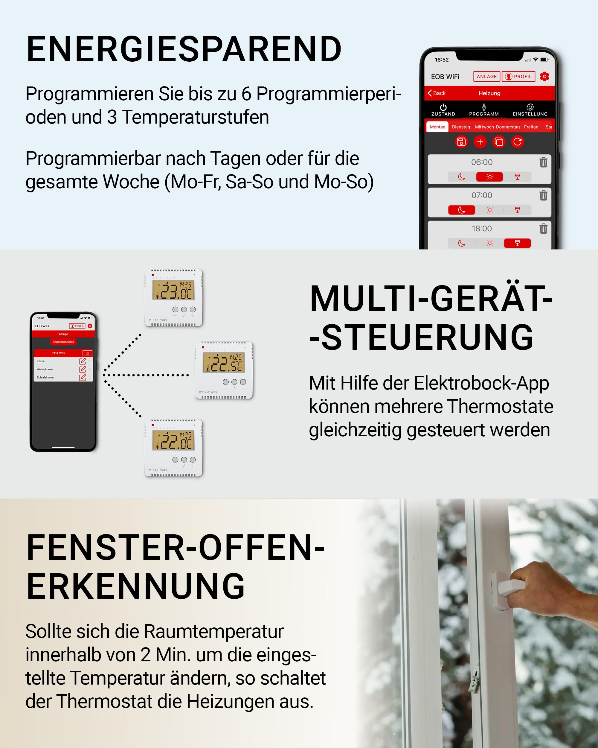 ELEKTROBOCK PT14-P WiFi - Smart WLAN Raumthermostat 230V - Heizungssteuerung per App - Aufputzmontage - 16 A - Für elektrische Heizungen - Einstellbare Wochenprogramme, Weiß