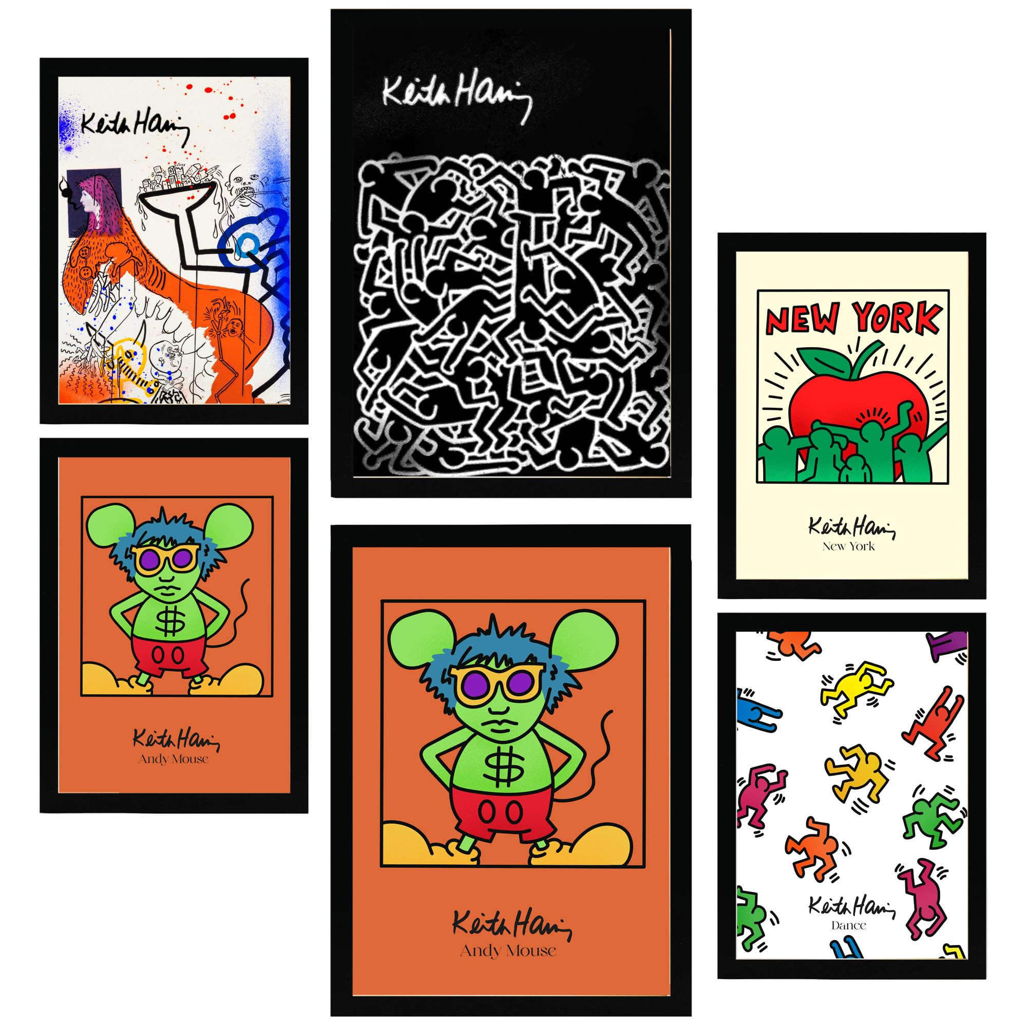Nacnic Set of 6 Iconic Keith Haring Pop Art Framed prints with design illustration to decorate walls of home Room office A3 & A4 Black Frame