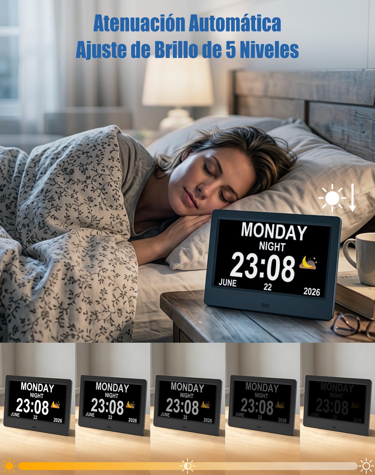 jely Reloj Digital para Personas Mayores 7'' Calendario Digital para Alzheimer y Pérdida de Memoria, 20 Recordatorios, 24 Alarmas, Marco de Fotos Digital, Control Remoto, Reloj de Pared y Mesa - Negro