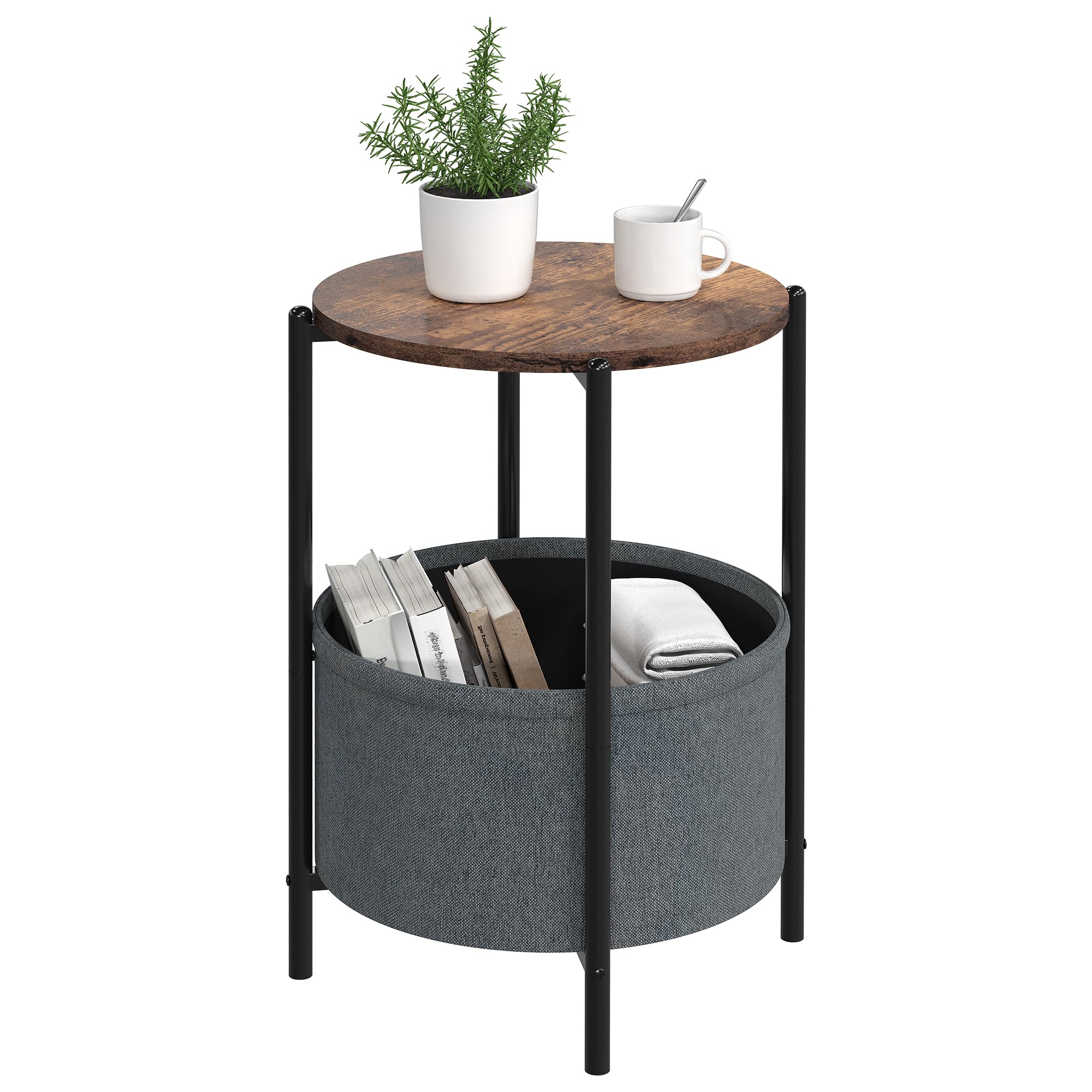 GAOMON Side Table with Large Fabric Storage Basket, Round End Table with Rustic Wood Board and Black Metal Frame for Living Room, Bedroom and Couch