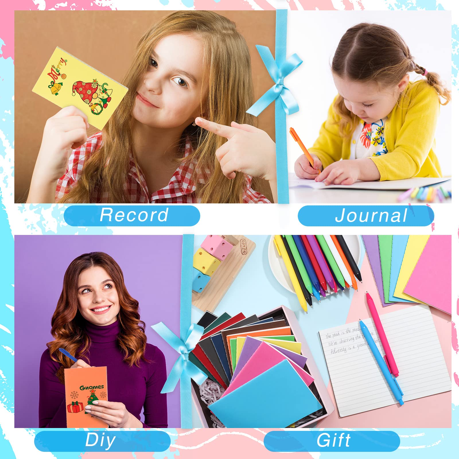 Sabary Mini-Notizbuch und Stift, liniert, kleiner Taschen-Notizblock, einziehbarer Kugelschreiber, Tagebuch, Notizblock, 24 Blatt/48 Seiten, 8,9 x 14,9 cm, für Studenten, Lehrer, Geschenk (bunt)