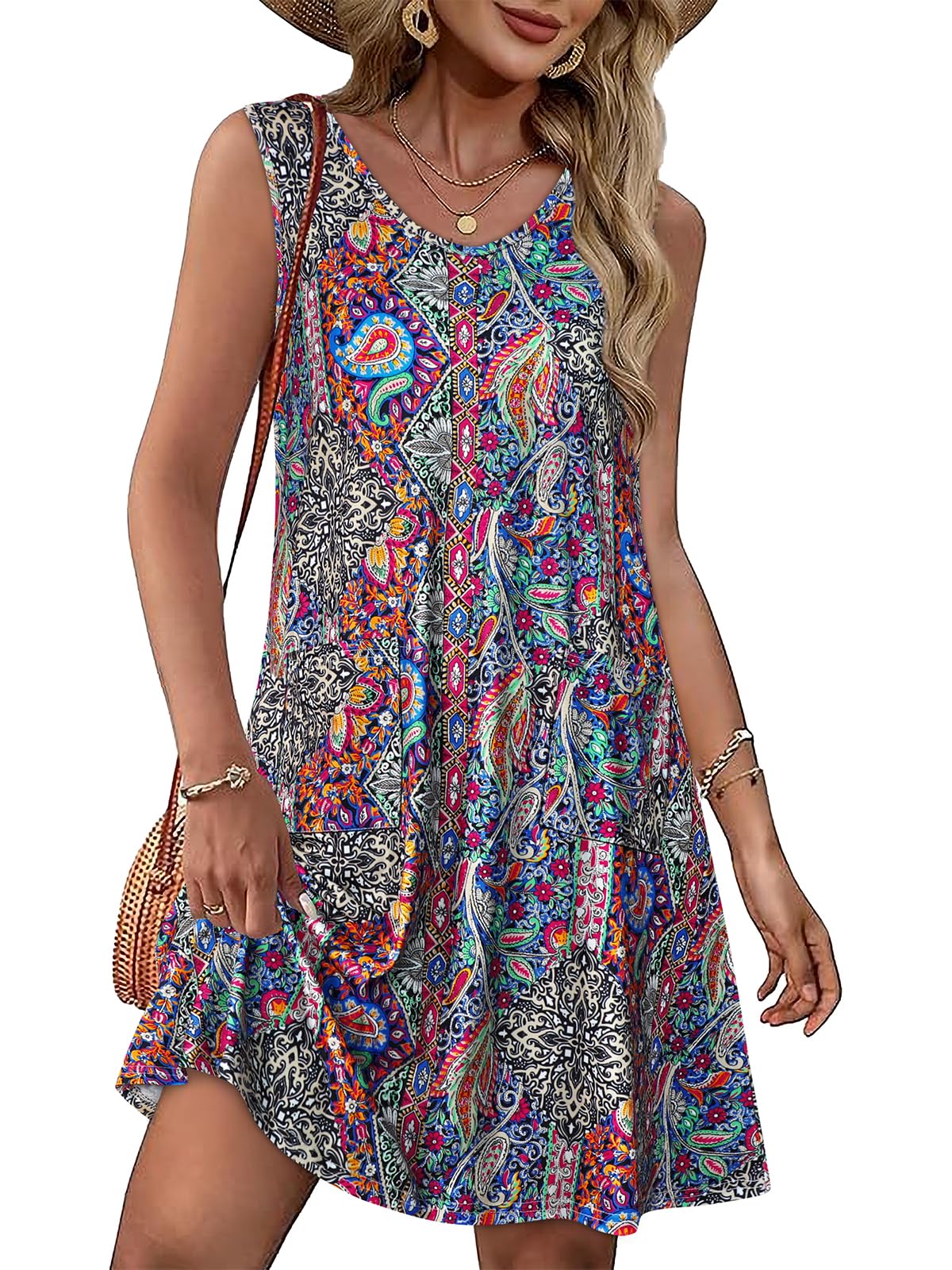 Womens Summer Dresses Casual V Neck Sleeveless Pockets Beach Loose Sundress | 2026 Loose Tank Sun dres with pockets, Casual Beach Cover Up, Fashion Vacation Outfits, Tshirt Floral Boho A-Line Flow Dress
