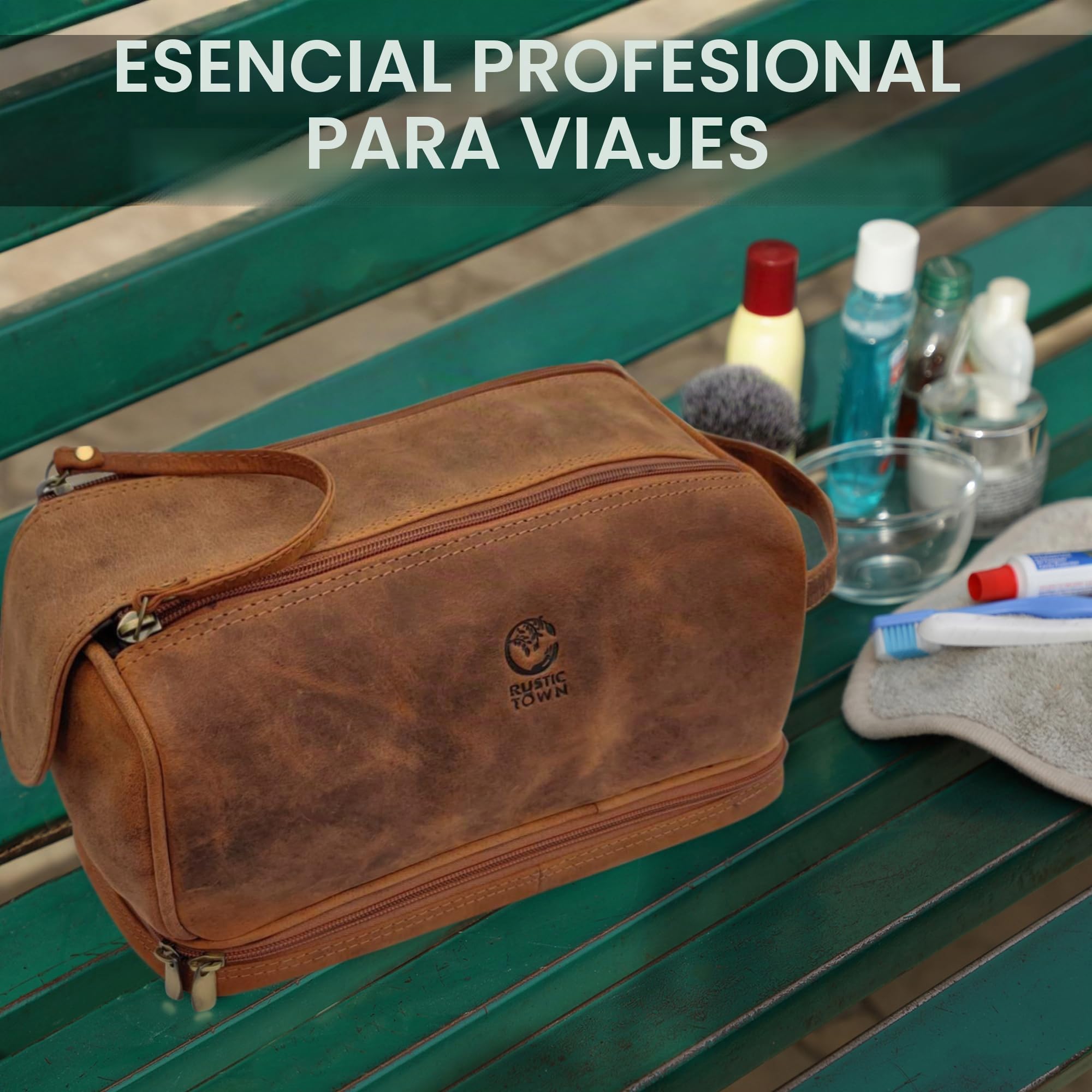 Neceser de Cuero para Hombres - Kit de Afeitado de Viaje - Organizador de artículos de tocador para Ducha de baño - Neceser de Maquillaje y cosméticos para Mujeres de Rustic Town