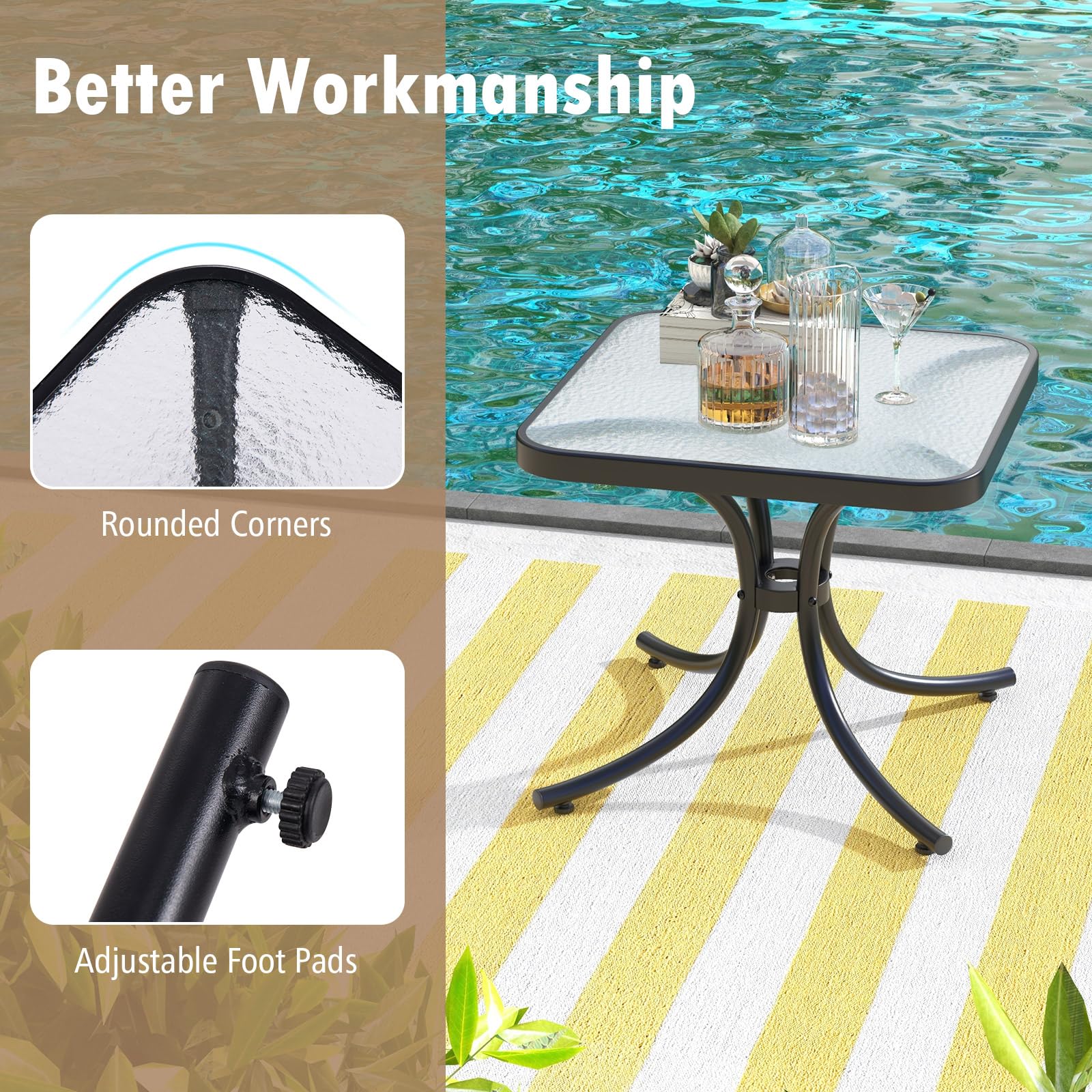 GIANTEX Tavolino da Giardino 50 cm, Tavolino Quadrato con Piano in Vetro Temperato, Struttura Metallica Resistente, Tavolino da Caffè da Esterno per Giardino, Balcone, Piscina, Nero