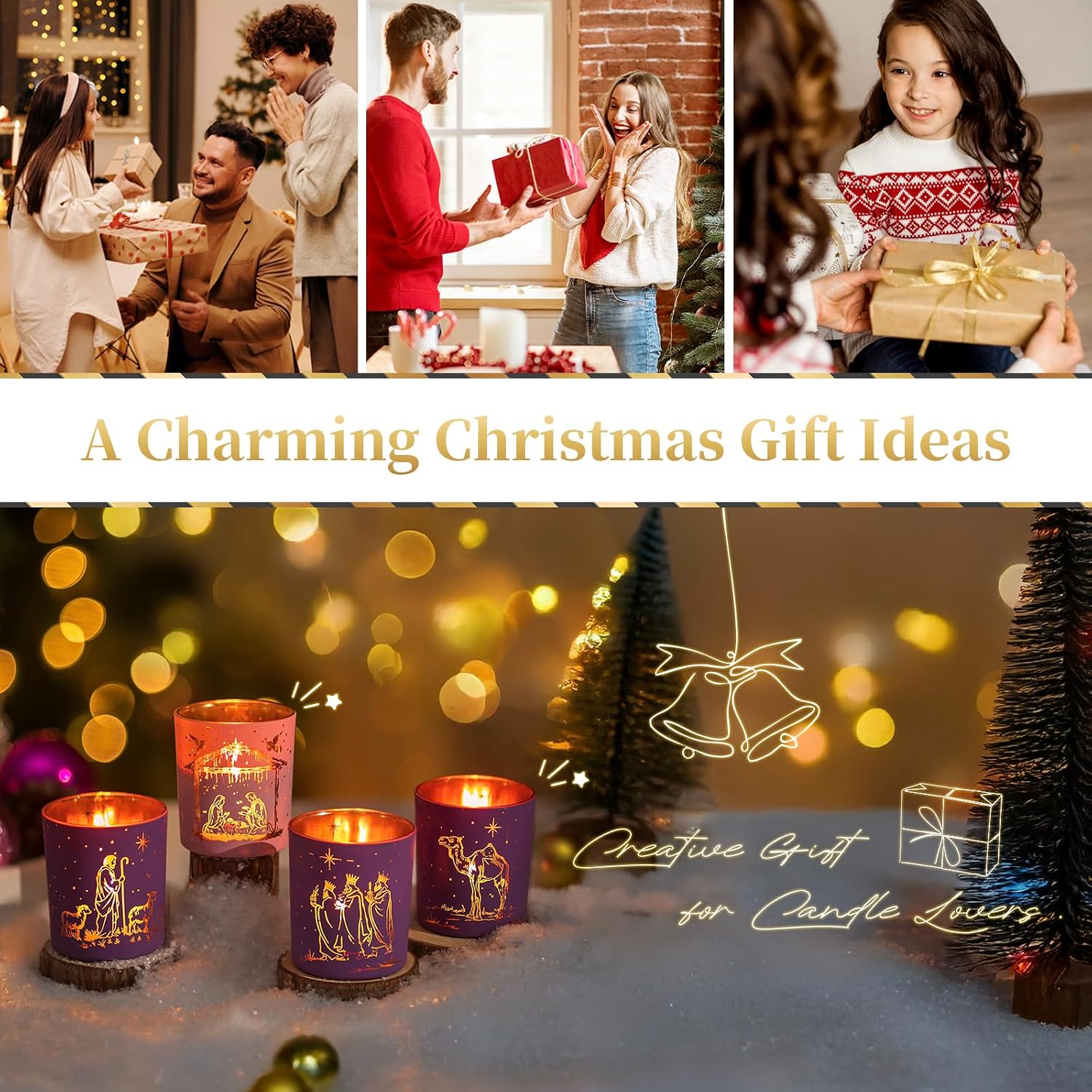 Glasseam Christmas Advent Candle Holder: 4 Pcs Glass Votive Candle Holders Nativity Decorations Sets Pink Purple Tealight Holder for Table Centerpiece Christian Birthday Gift