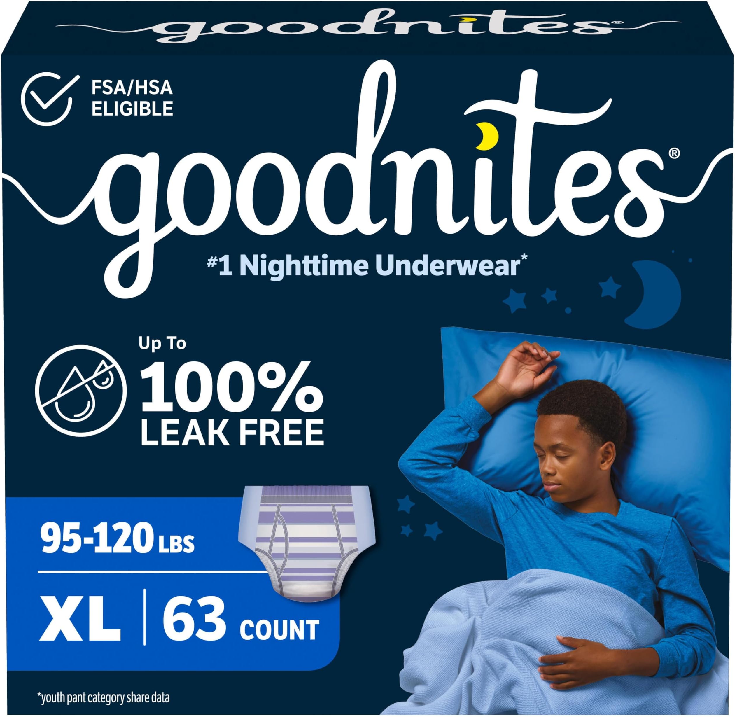 Goodnites Nighttime Bedwetting Underwear, Boys' XL (95-140 lb.), 63ct, FSA/HSA-Eligible