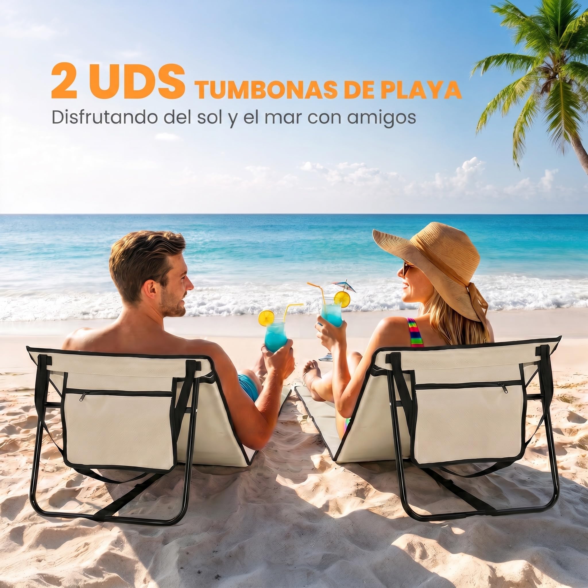 Outsunny Conjunto de 2 Esterillas de Playa Plegable Esteras Acolchadas de Tela Oxford PVC 600D con Respaldo Reclinable y Correa de Transporte para Jardín 142x51x40 cm Beige