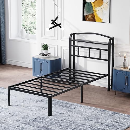 Miniatura 7 de Base de cama de metal de 14 pulgadas, base de colchón básica de plataforma resistente de color negro con cabecera y estación de carga, no necesita