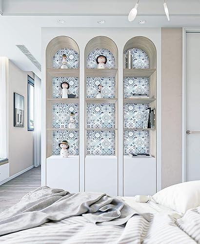 Miniatura 9 de Dimoon Papel de contacto floral de 17.7 x 118 pulgadas, grueso para cocina, papel tapiz blanco y azul, papel tapiz de flores para despegar y pegar,