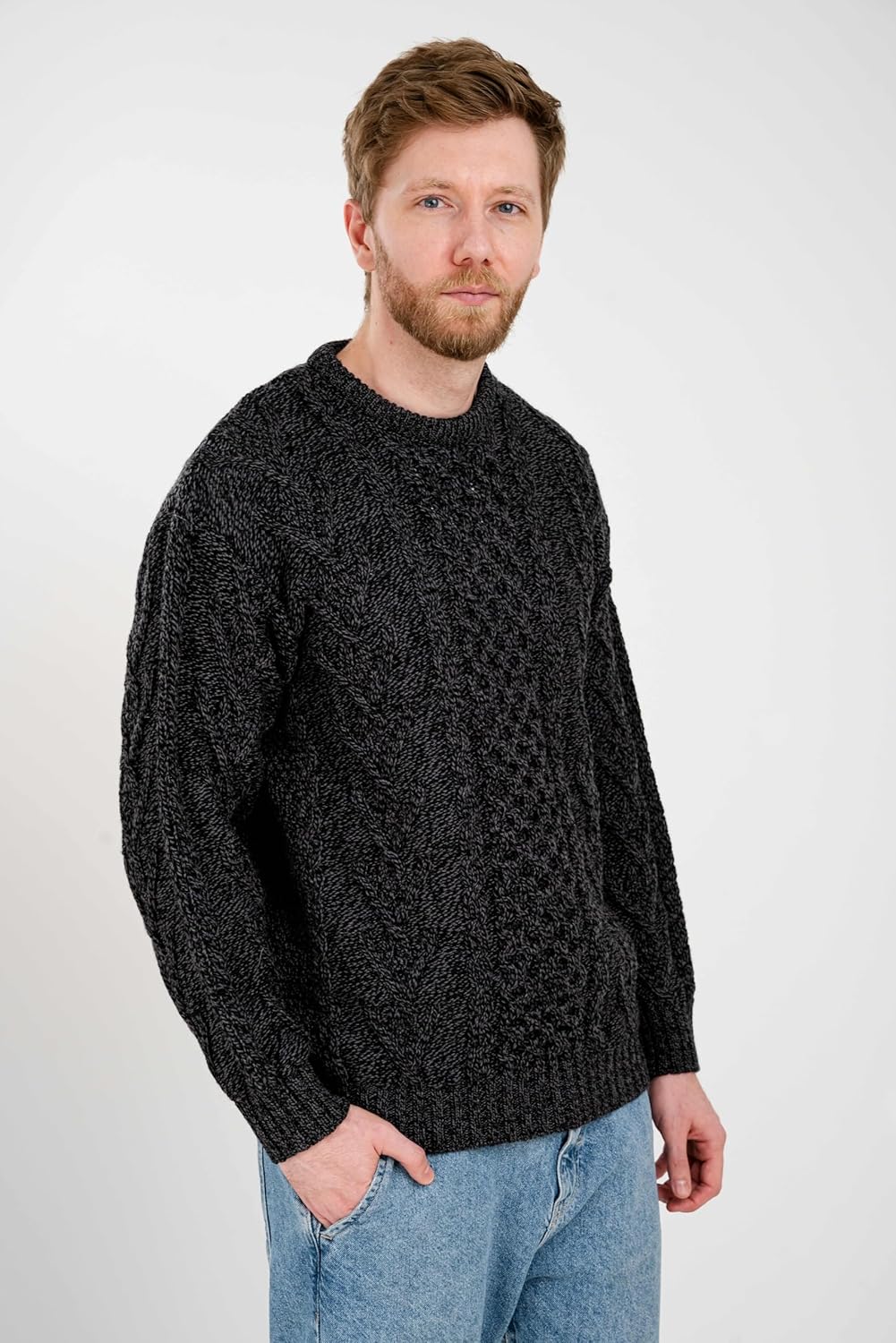 SAOL 100% Merino Wool Men's Irish Traditional Aran Crew Neck Cable Knit Sweater Pullover - Image 9