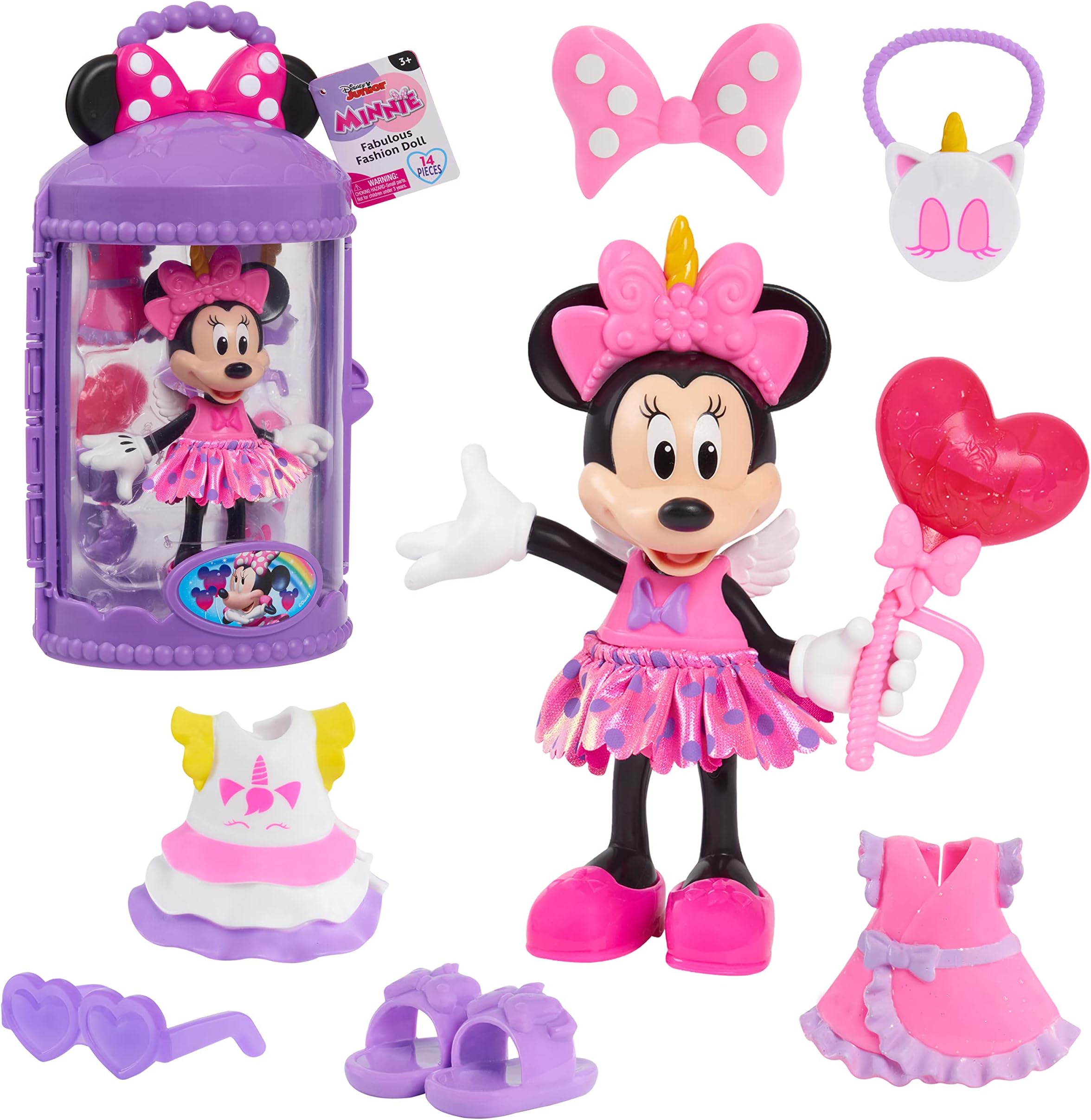 Disney Junior Minnie Mouse Fabulous Fashion Doll Unicorn Fantasy, 14-pieces, Pretend Kids Toys for Ages 3 Up