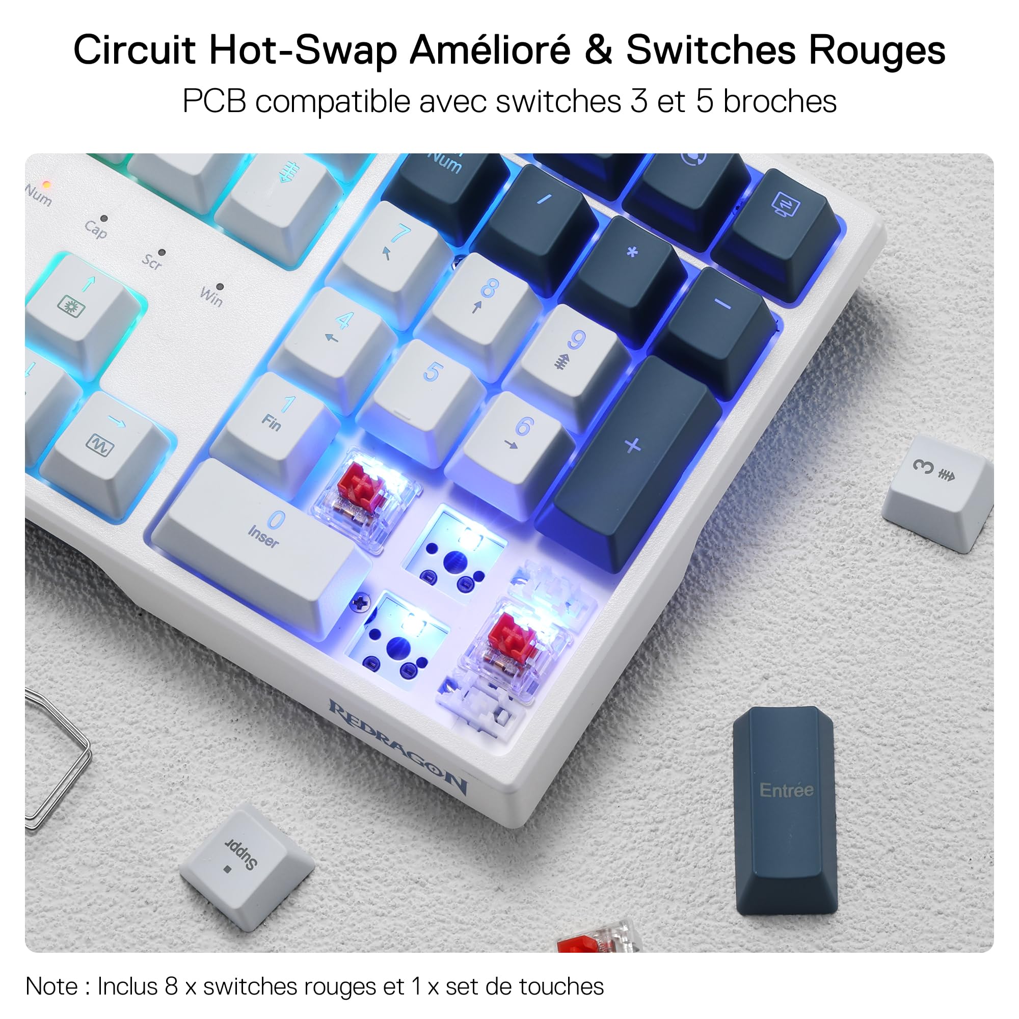 Redragon K668 Clavier Gaming Mécanique Filaire AZERTY, 105+4 Touches, Rétroéclairage RGB, Interrupteurs Rouges Remplaçables à Chaud, Mousse Absorbant Le Son