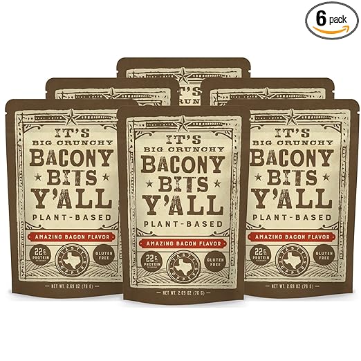 All Y'alls Foods Plant Based Bacony Bits | Big and Crunchy Vegan Bacon Snacks | Non-GMO, Gluten Free, High Protein, Vegetarian (6 Pack)