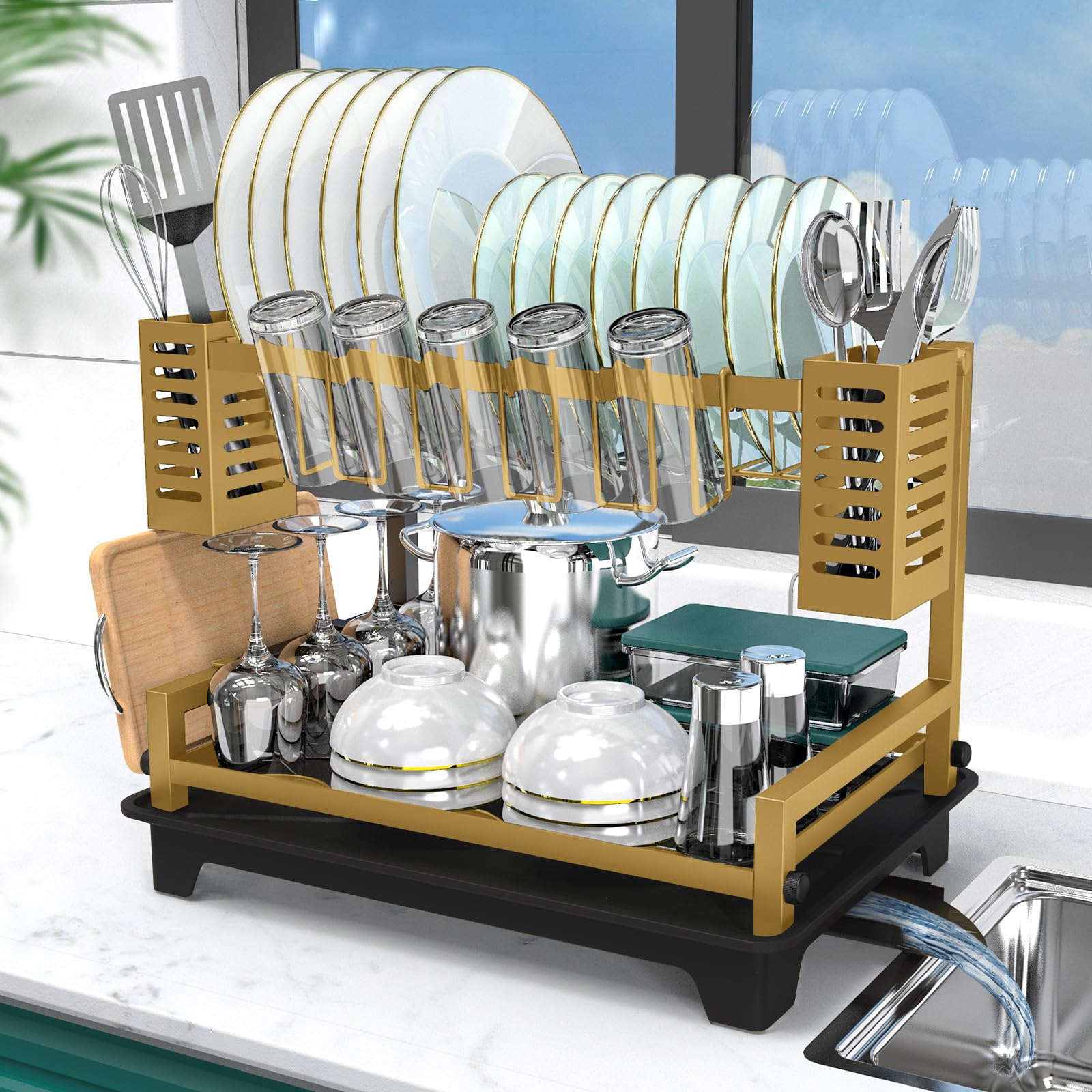 Photo 1 of **FACTORY SEALED**  B-Land Dish Drying Rack, 2 Tier Dish Racks for Kitchen Counter, Large Dish Drying Rack with Drainboard & Utensil Holders, Rust-Proof Dish Drainers,Kitchen Organization Gold