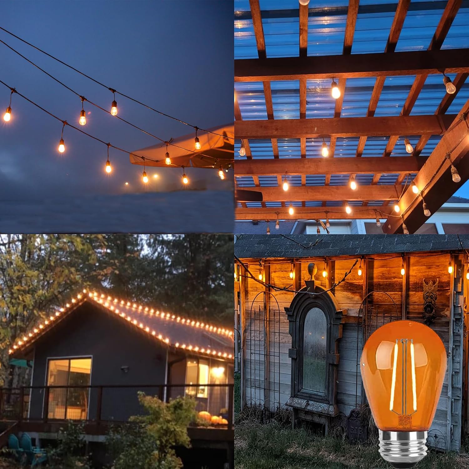 15 Pack S14 Orange LED Bulb - 2W Plastic Shatterproof E26 Base Night Light for String Lights - Waterproof Vintage Bulb for Halloween, Christmas, Wedding, Party, Patio