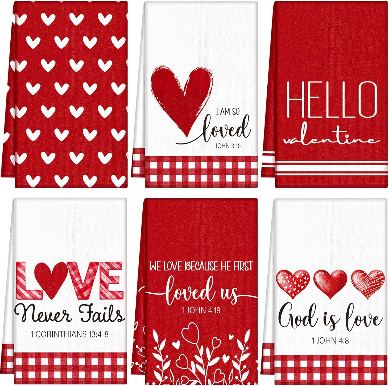 Macarrie 6 Set Christian Valentine's Day Kitchen Towels Bible Verse Scripture Red Heart Valentines Dish Towels 16x24 Inch Sweet Love Bathroom Hand Drying Tea Dishcloth for Anniversary